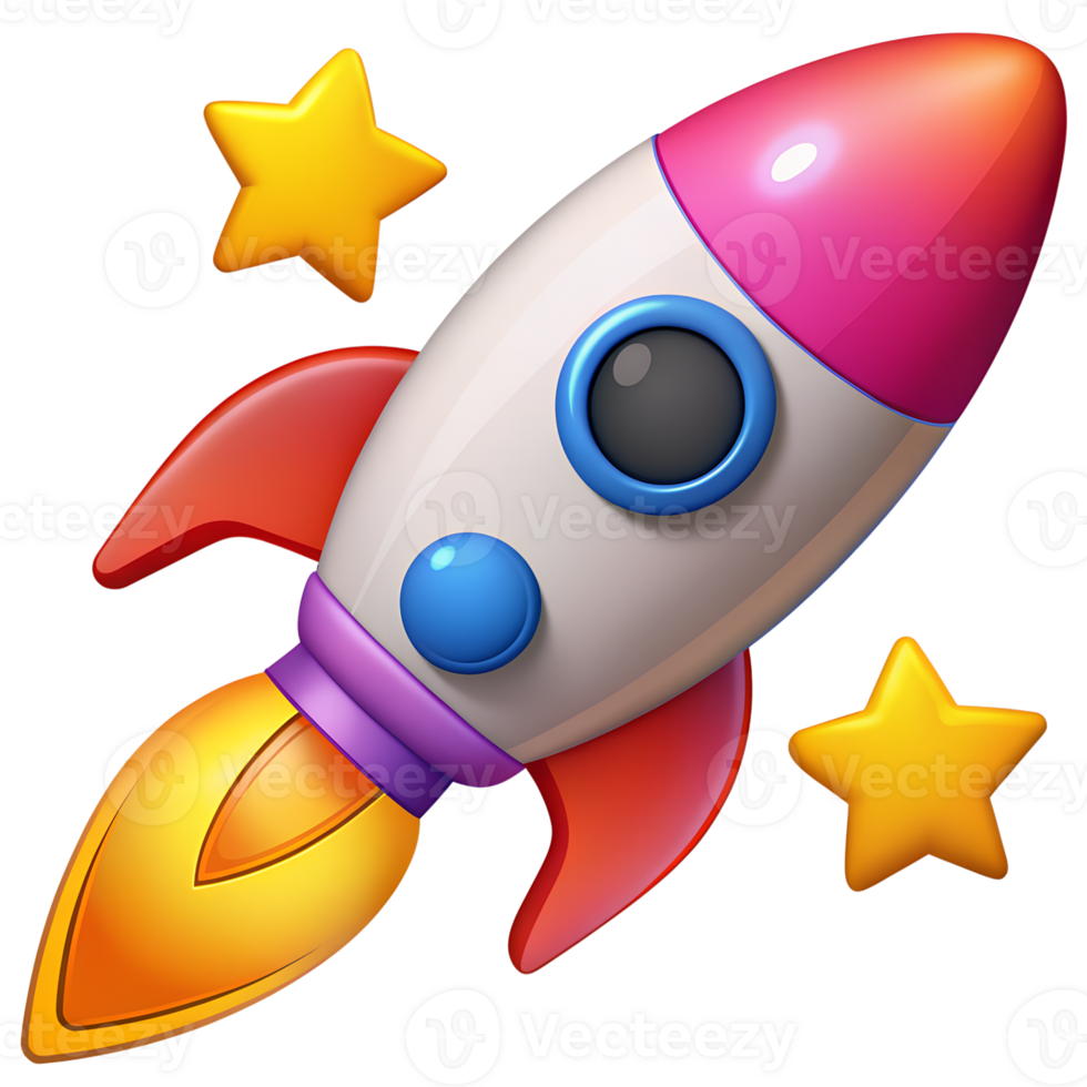 Colorful cartoon rocket with stars, representing space travel, adventure, and exploration. Perfect for tech, science, and children's themes. png