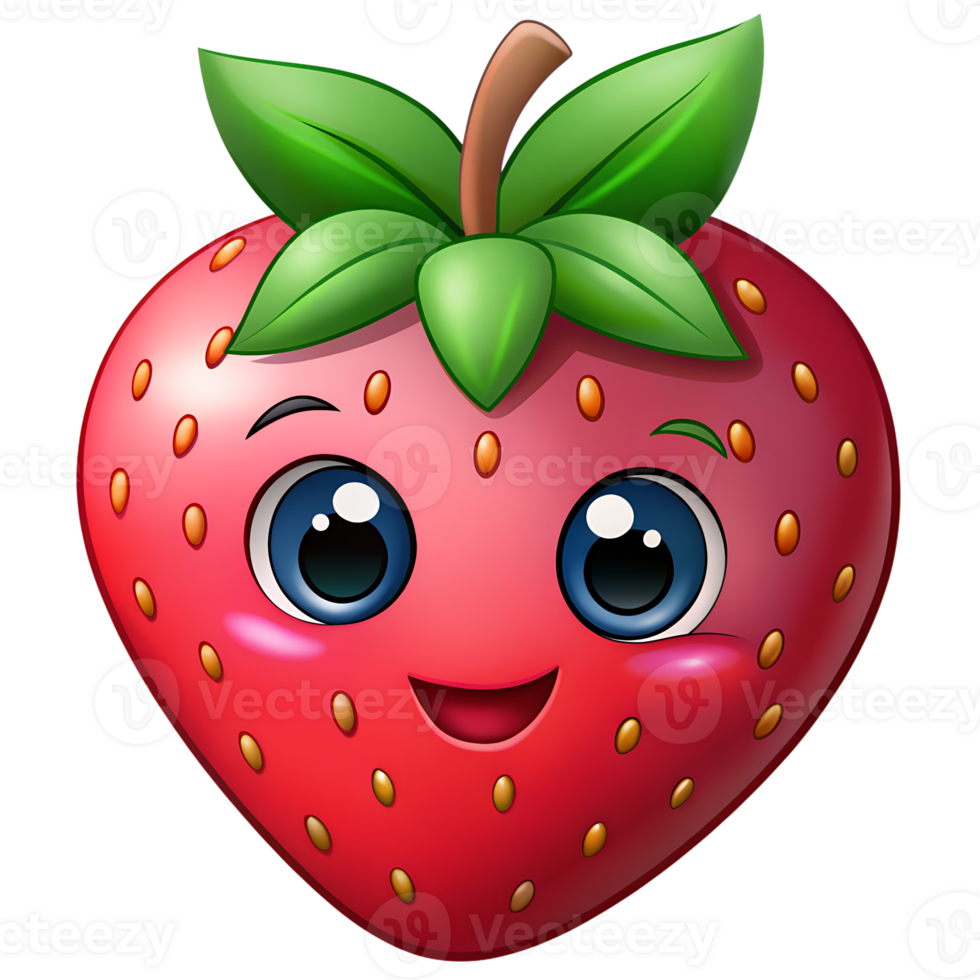Cute cartoon strawberry with a smiling face and big blue eyes, featuring green leaves on top. Perfect for children's illustrations. png