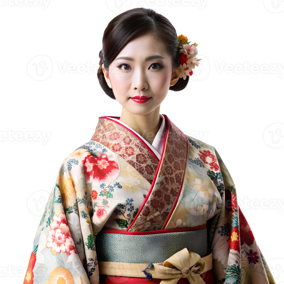 Elegant woman in traditional Japanese kimono with floral design, showcasing cultural heritage and beauty. Perfect for cultural and fashion themes. png