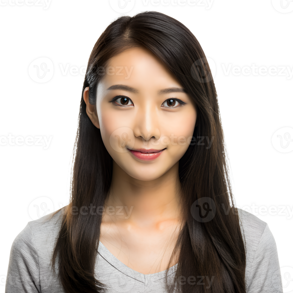 Portrait of a young woman with long dark hair, smiling gently and wearing a grey shirt against a plain background. png