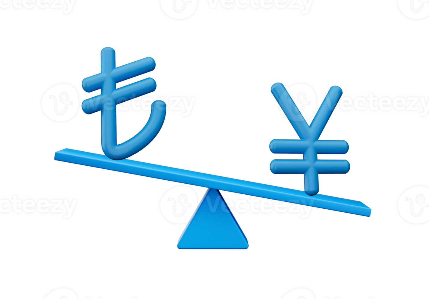 3d Blue Lira And Yen Symbol Icons With 3d Blue Balance Weight Seesaw, 3d illustration png