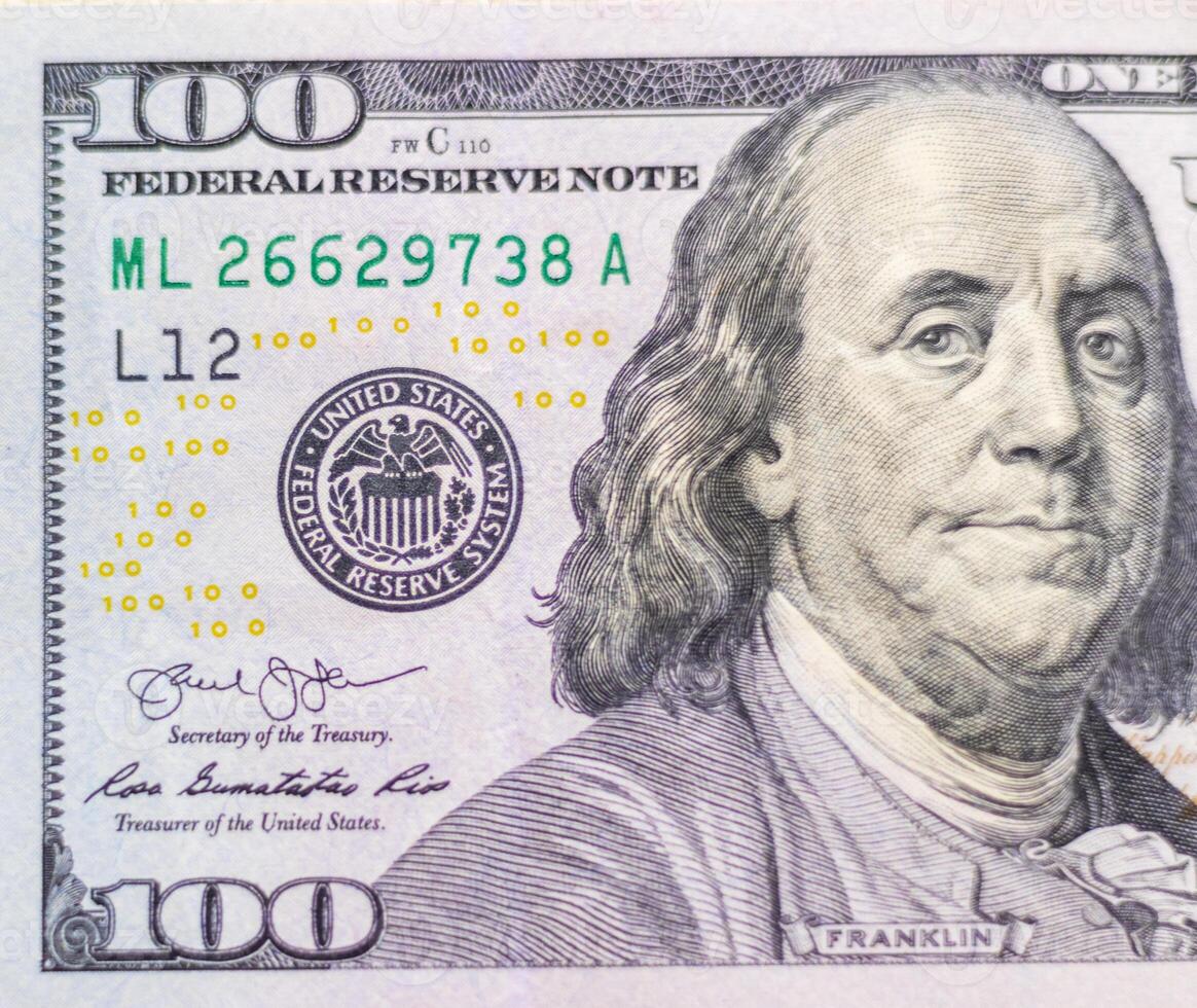 Close up shot of the 100 US dollars note bill. Finance photo