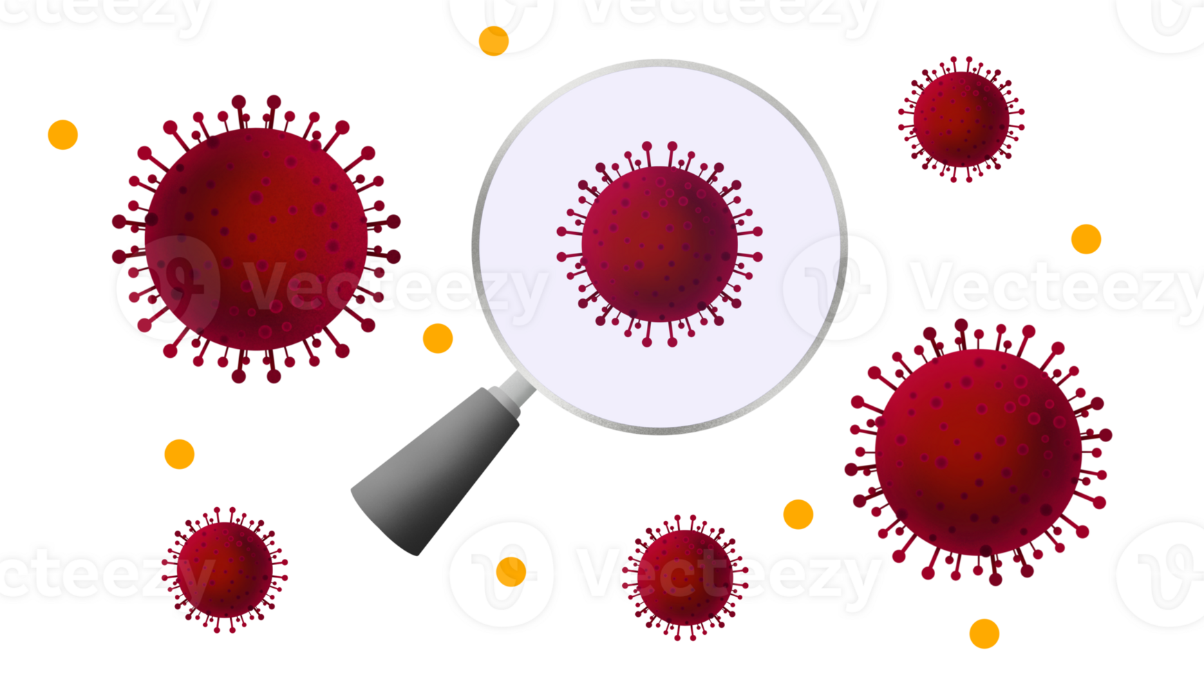 magnifying glass showing bacteria and virus, viruses under a magnifying glass, Dangerous pathogens and viruses, education for school, Microscopic view of virus particles png