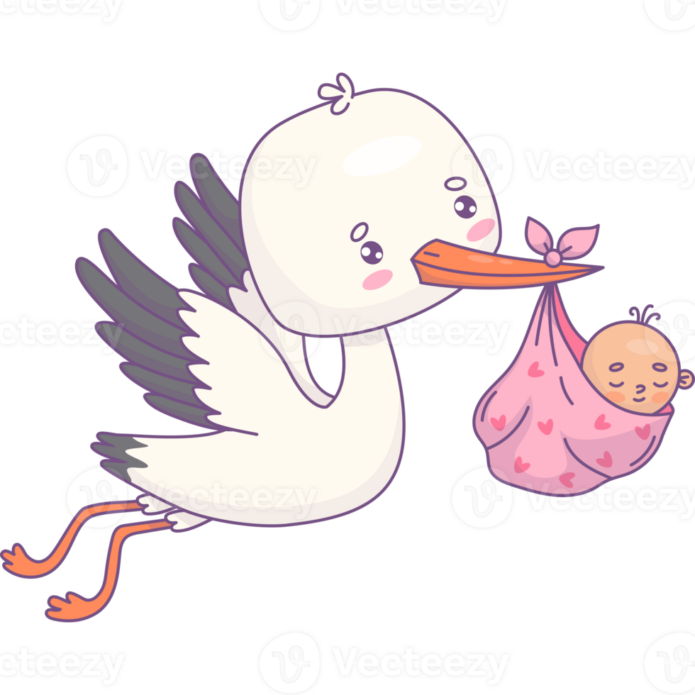 Cute flying stork with newborn baby girl png