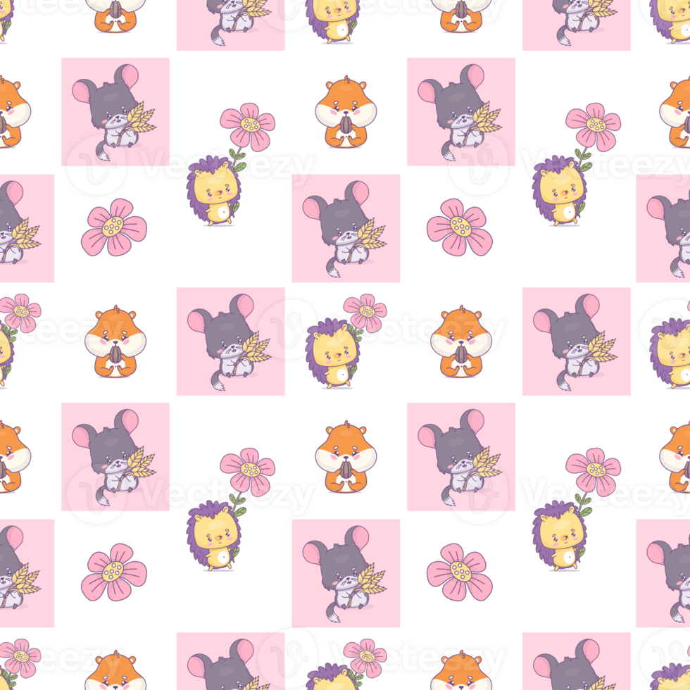 Seamless square pattern with cute rodent chinchilla, hamster and hedgehog png