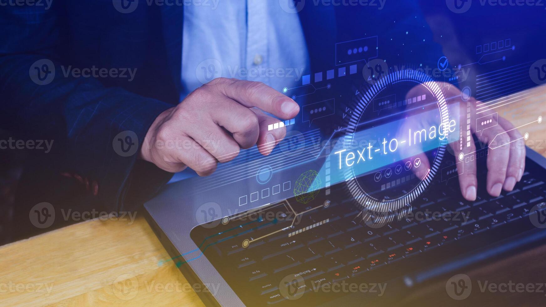 Ai tech Text to image, virtual graphic with AI, Artificial Intelligence, using command prompt for generates something, Futuristic technology transformation. photo