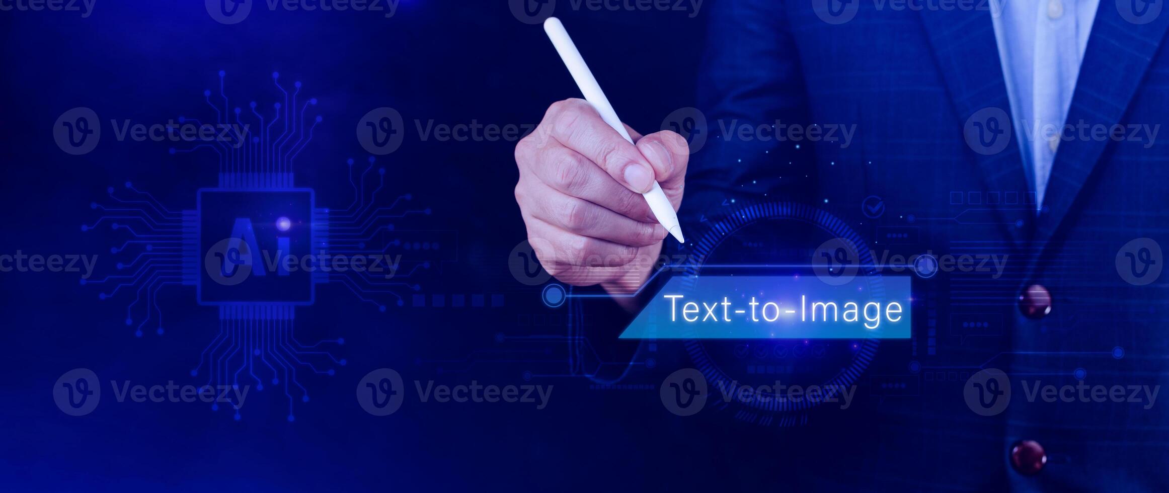 Ai tech Text to image, virtual graphic with AI, Artificial Intelligence, using command prompt for generates something, Futuristic technology transformation. photo