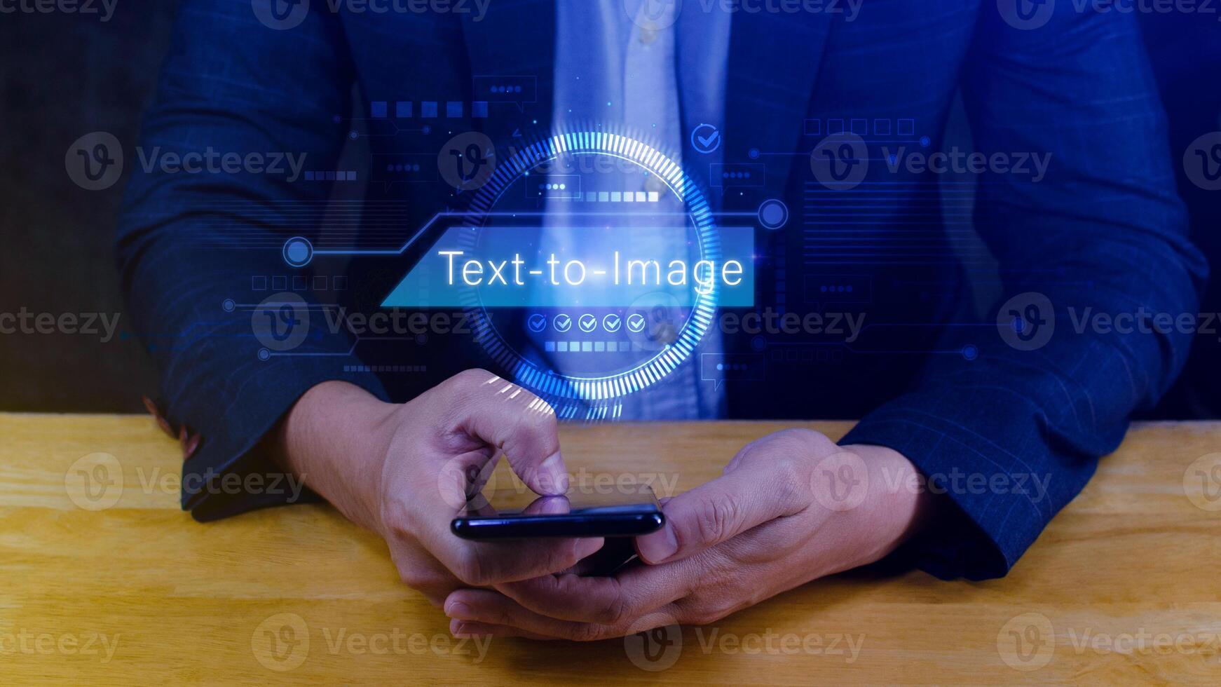 Ai tech Text to image, virtual graphic with AI, Artificial Intelligence, using command prompt for generates something, Futuristic technology transformation. photo