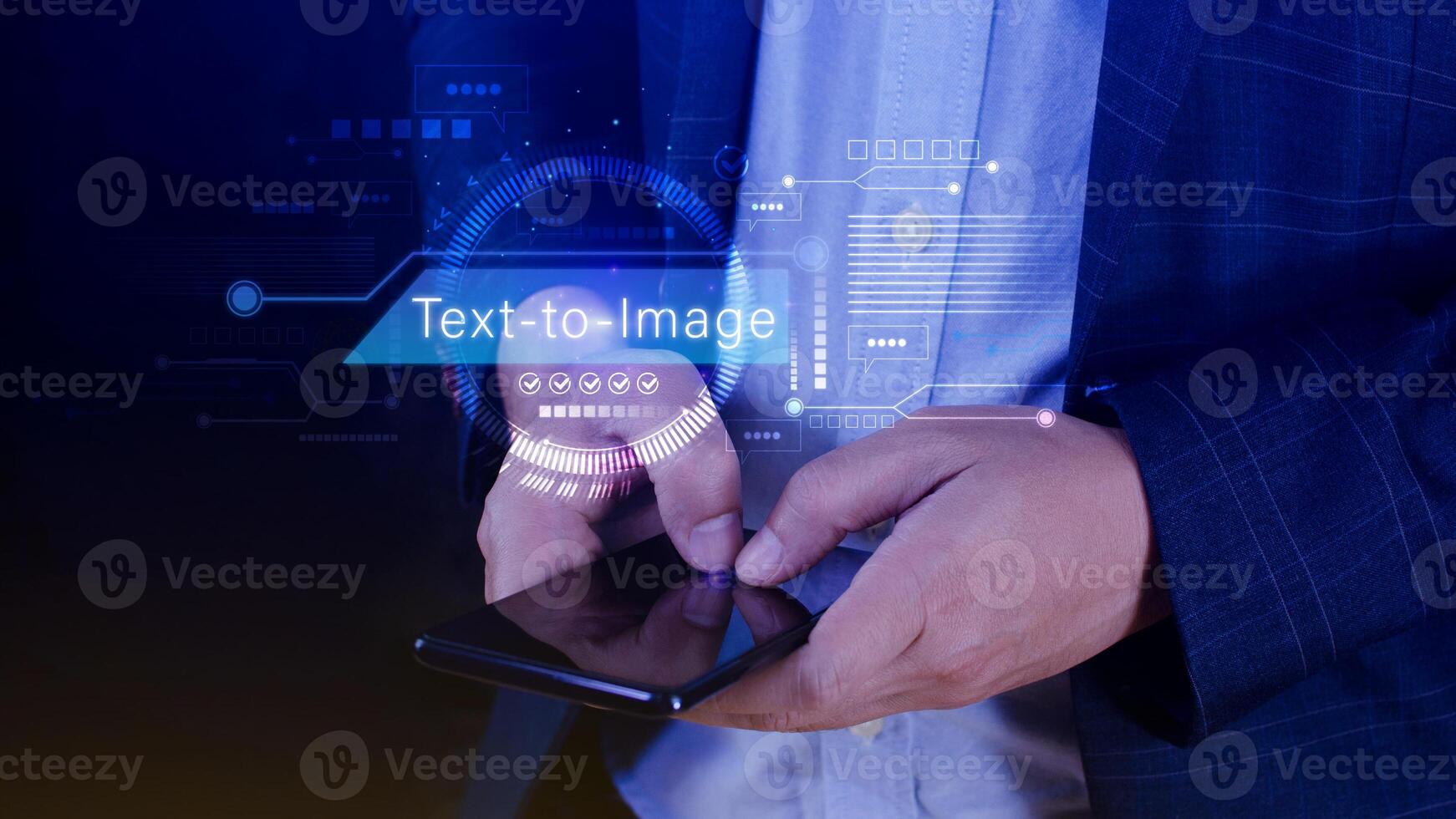 Ai tech Text to image, virtual graphic with AI, Artificial Intelligence, using command prompt for generates something, Futuristic technology transformation. photo