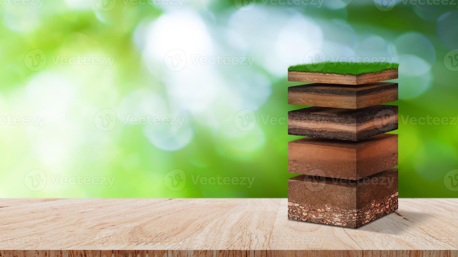 Isometric Soil Layers diagram, Cross section of green grass and underground soil layers beneath, stratum of organic, minerals, sand, clay, Isometric soil layers on nature background. photo