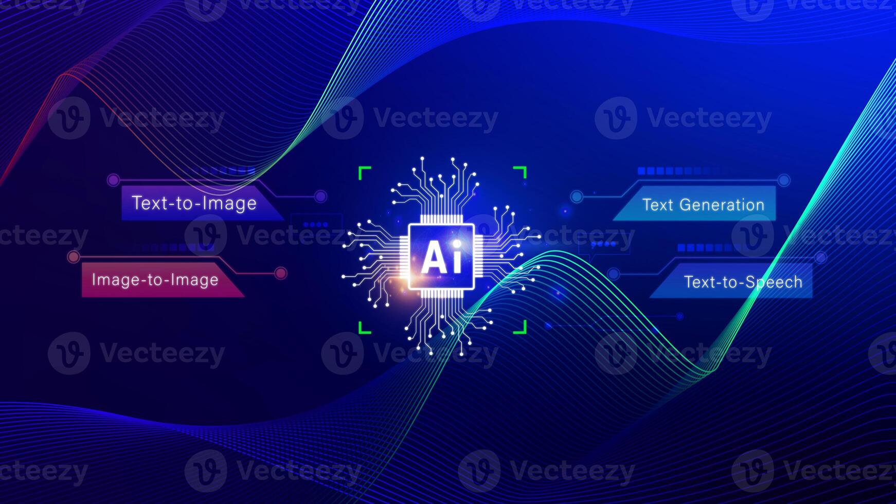 Ai tech, Artificial Intelligence to generate content, Text to image, speech, smart AI, using command prompt for generates something, Futuristic technology transformation. photo