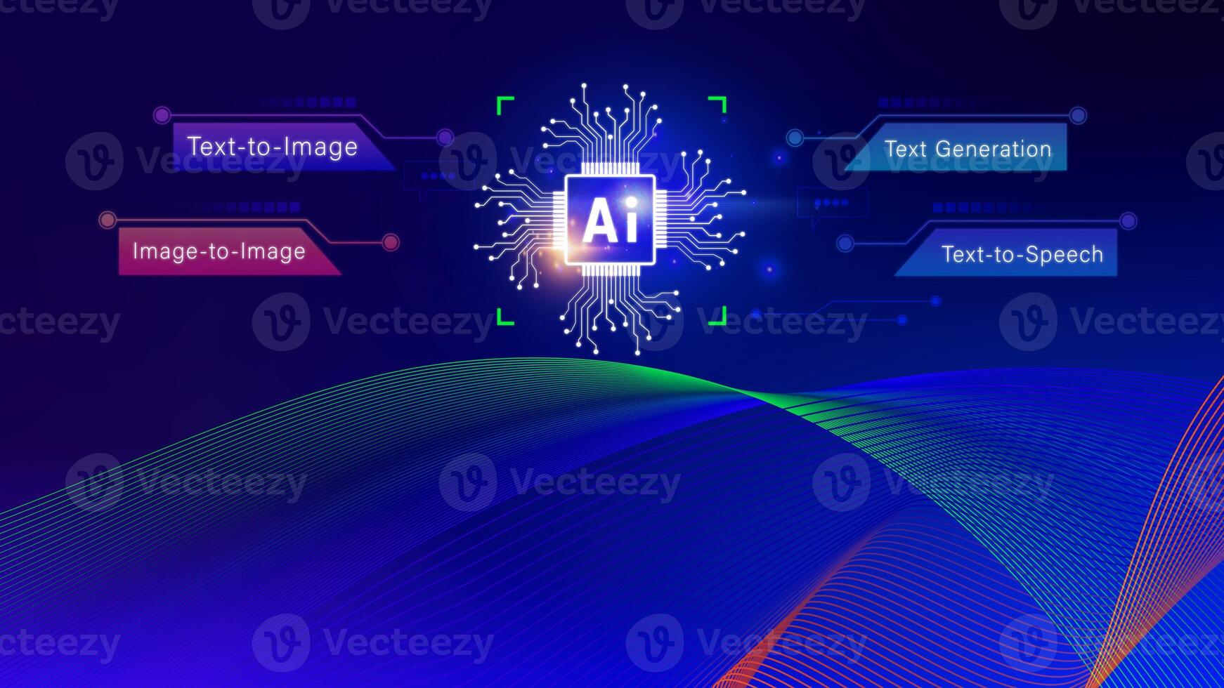 Ai tech, Artificial Intelligence to generate content, Text to image, speech, smart AI, using command prompt for generates something, Futuristic technology transformation. photo