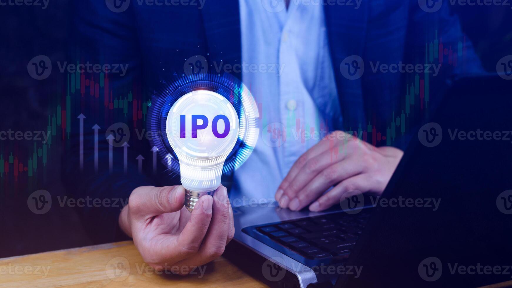 IPO, Initial public offering concept, Businessman with virtual IPO word with stock graph for boosting the growth by IPO process. photo