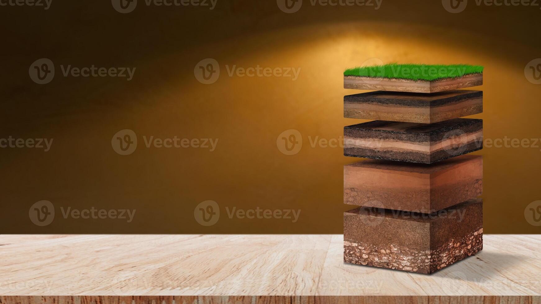 Isometric Soil Layers diagram, Cross section of green grass and underground soil layers beneath, stratum of organic, minerals, sand, clay, Isometric soil layers for background. photo