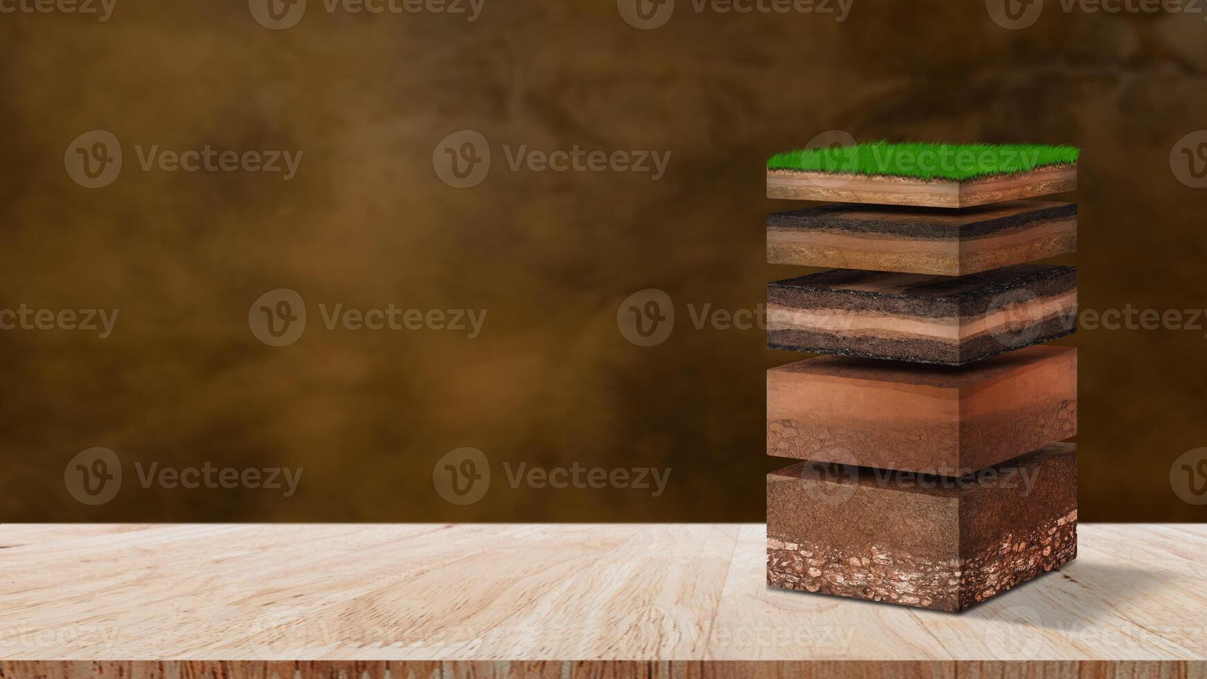 Isometric Soil Layers diagram, Cross section of green grass and underground soil layers beneath, stratum of organic, minerals, sand, clay, Isometric soil layers for background. photo