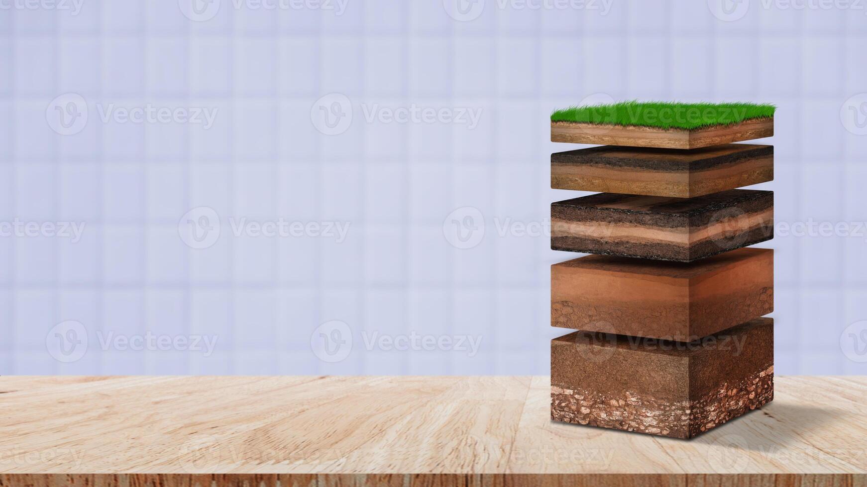Isometric Soil Layers diagram, Cross section of green grass and underground soil layers beneath, stratum of organic, minerals, sand, clay, Isometric soil layers for background. photo