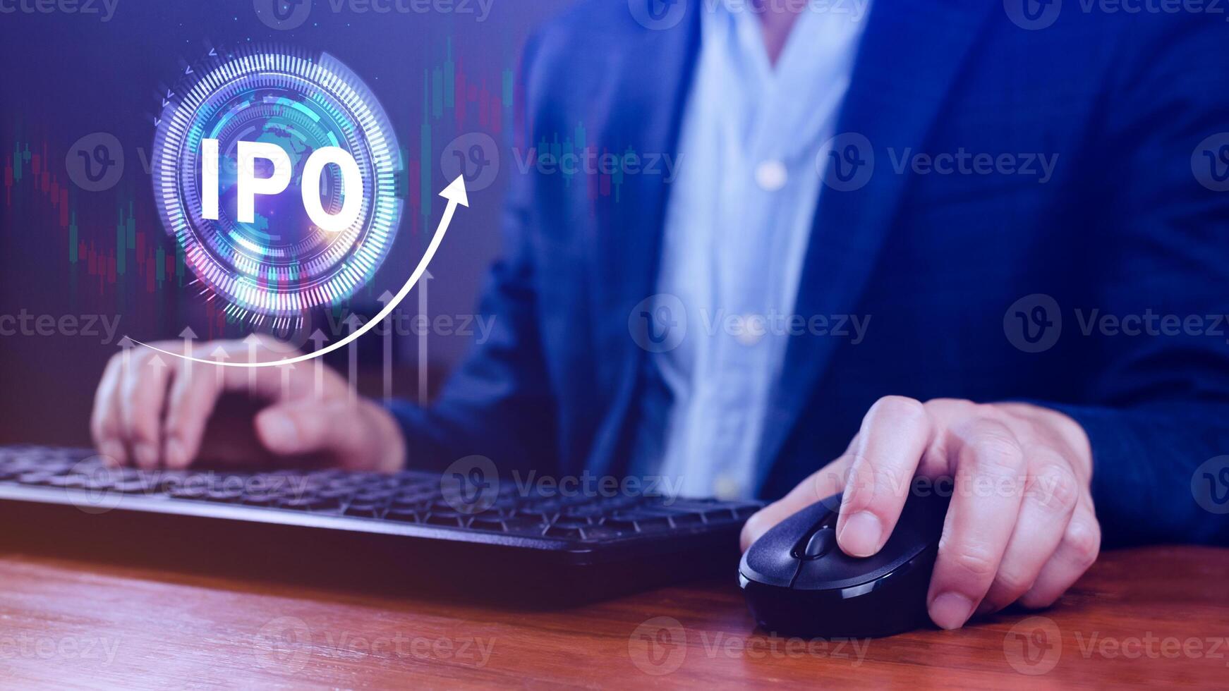 IPO, Initial public offering concept, Businessman with virtual IPO word with stock graph for boosting the growth by IPO process. photo