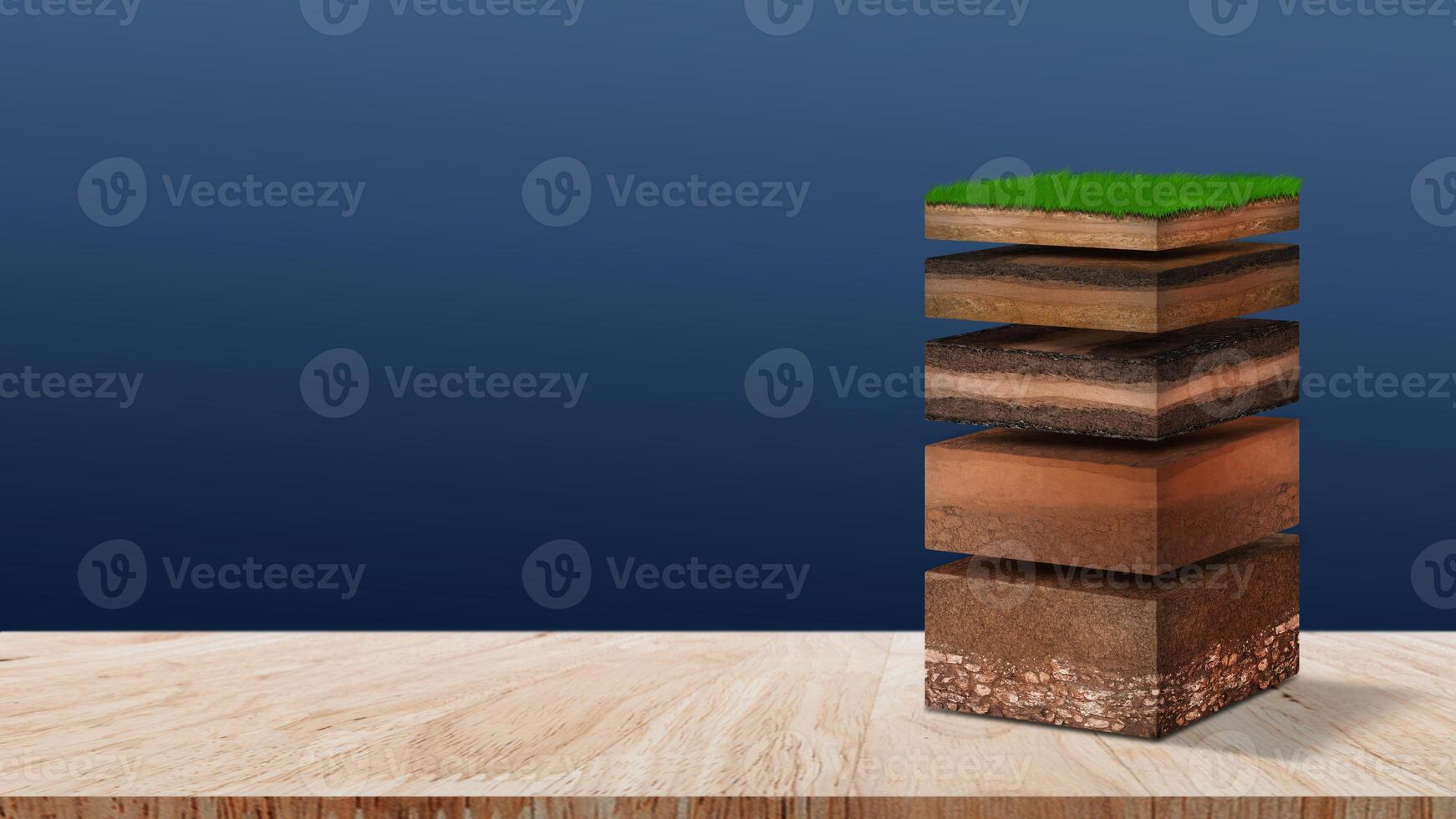 Isometric Soil Layers diagram, Cross section of green grass and underground soil layers beneath, stratum of organic, minerals, sand, clay, Isometric soil layers for background. photo