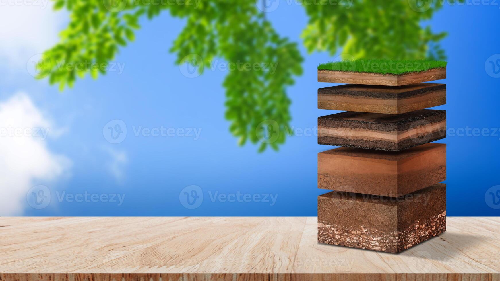 Isometric Soil Layers diagram, Cross section of green grass and underground soil layers beneath, stratum of organic, minerals, sand, clay, Isometric soil layers on nature background. photo