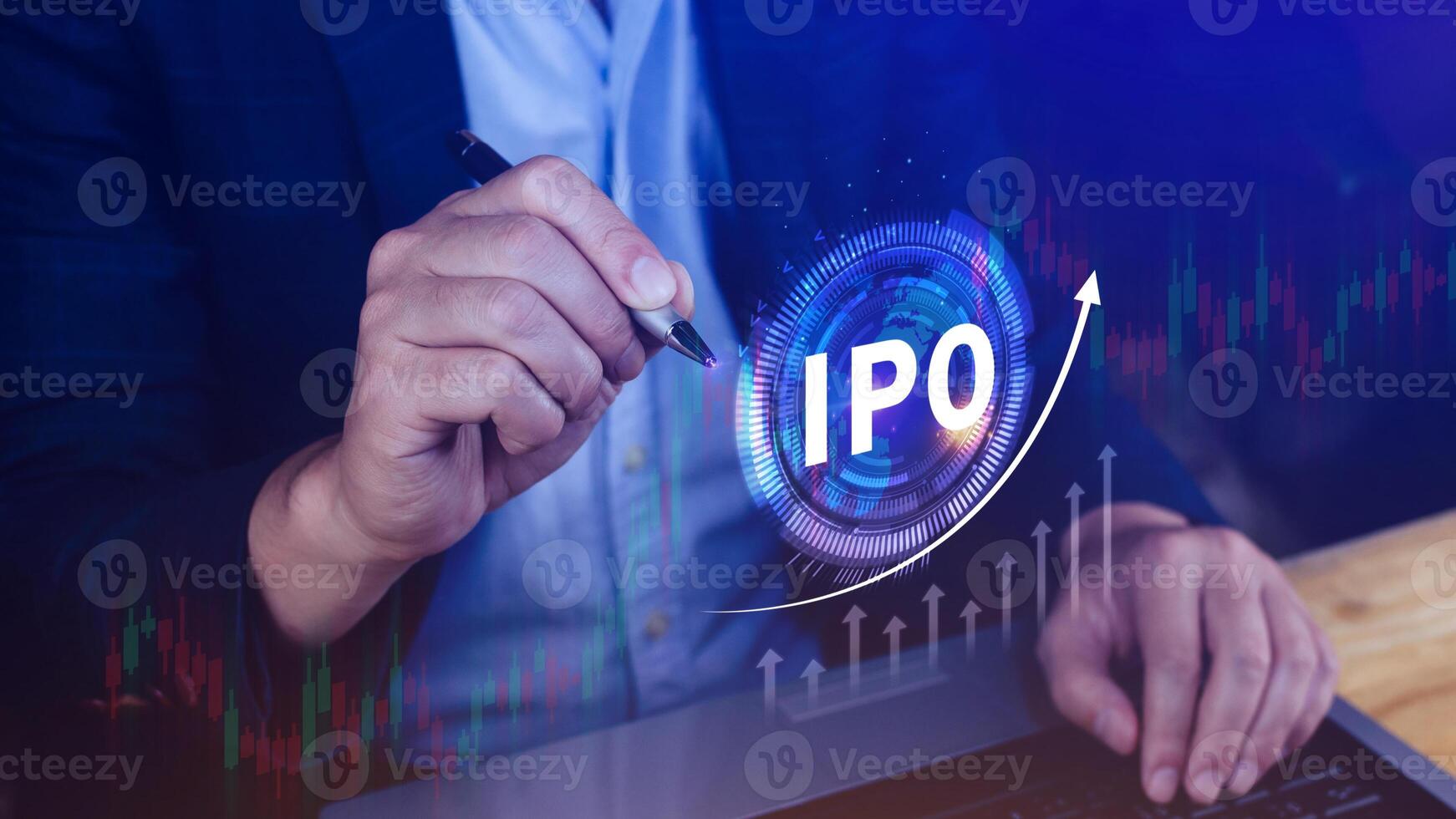 IPO, Initial public offering concept, Businessman with virtual IPO word with stock graph for boosting the growth by IPO process. photo