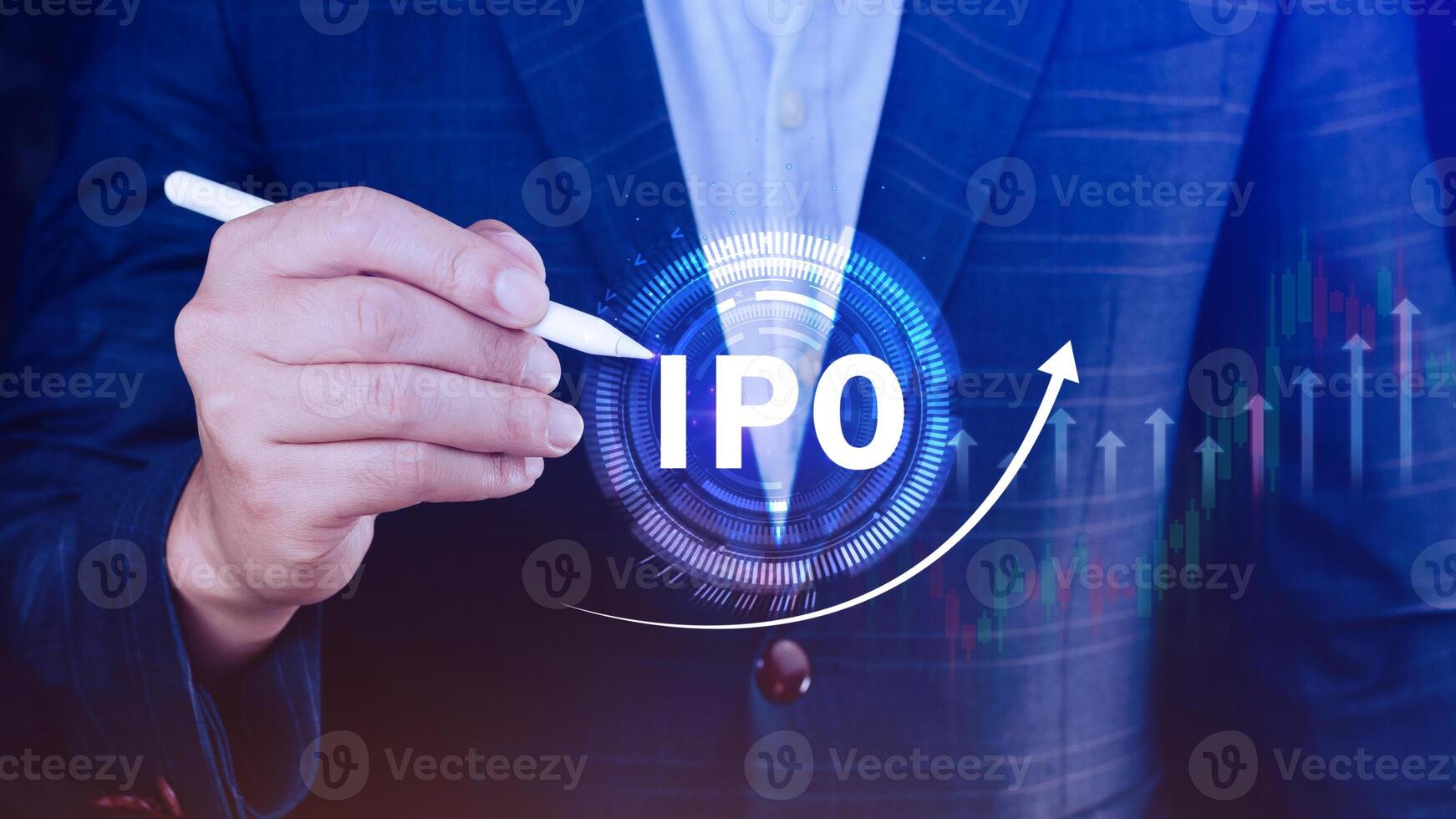 IPO, Initial public offering concept, Businessman with virtual IPO word with stock graph for boosting the growth by IPO process. photo