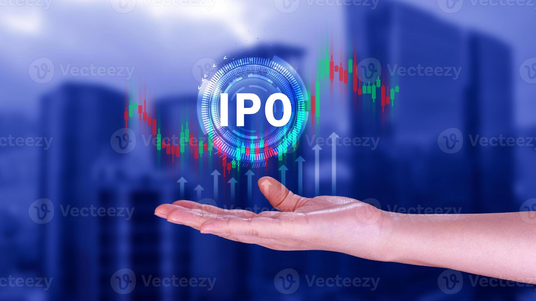 IPO, Initial public offering concept, Businessman with virtual IPO word with stock graph for boosting the growth by IPO process. photo