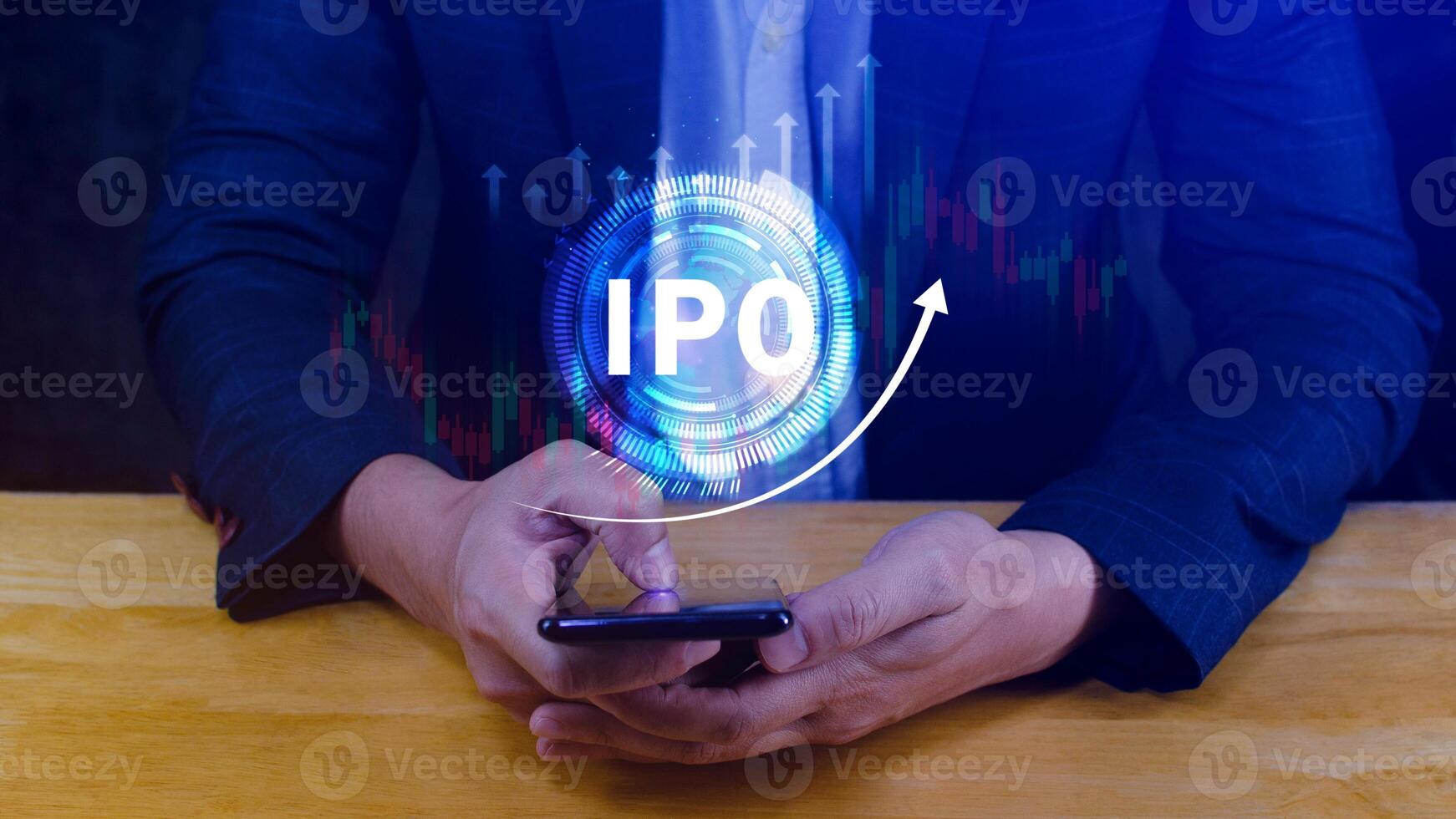 IPO, Initial public offering concept, Businessman with virtual IPO word with stock graph for boosting the growth by IPO process. photo