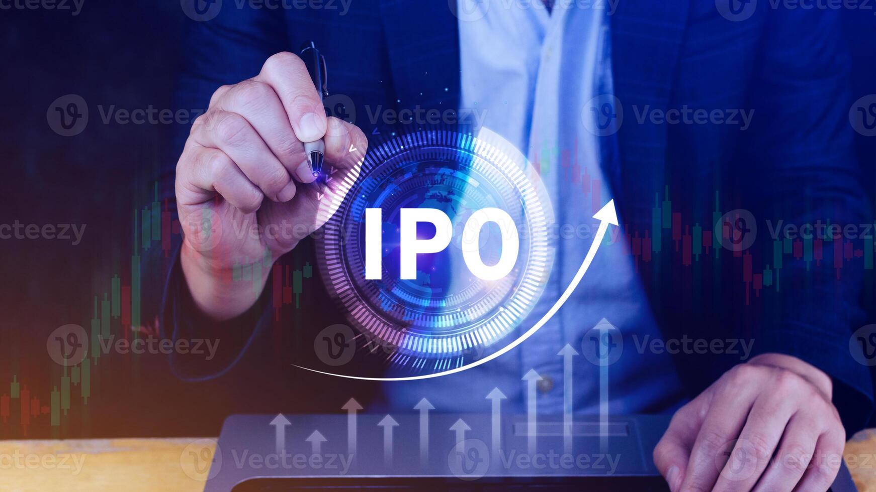 IPO, Initial public offering concept, Businessman with virtual IPO word with stock graph for boosting the growth by IPO process. photo