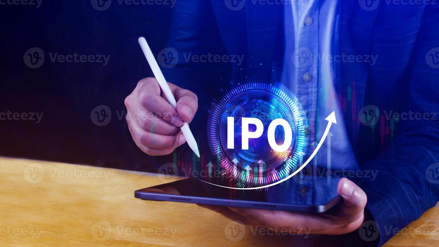 IPO, Initial public offering concept, Businessman with virtual IPO word with stock graph for boosting the growth by IPO process. photo