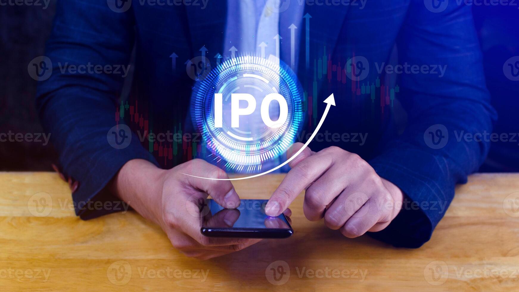 IPO, Initial public offering concept, Businessman with virtual IPO word with stock graph for boosting the growth by IPO process. photo