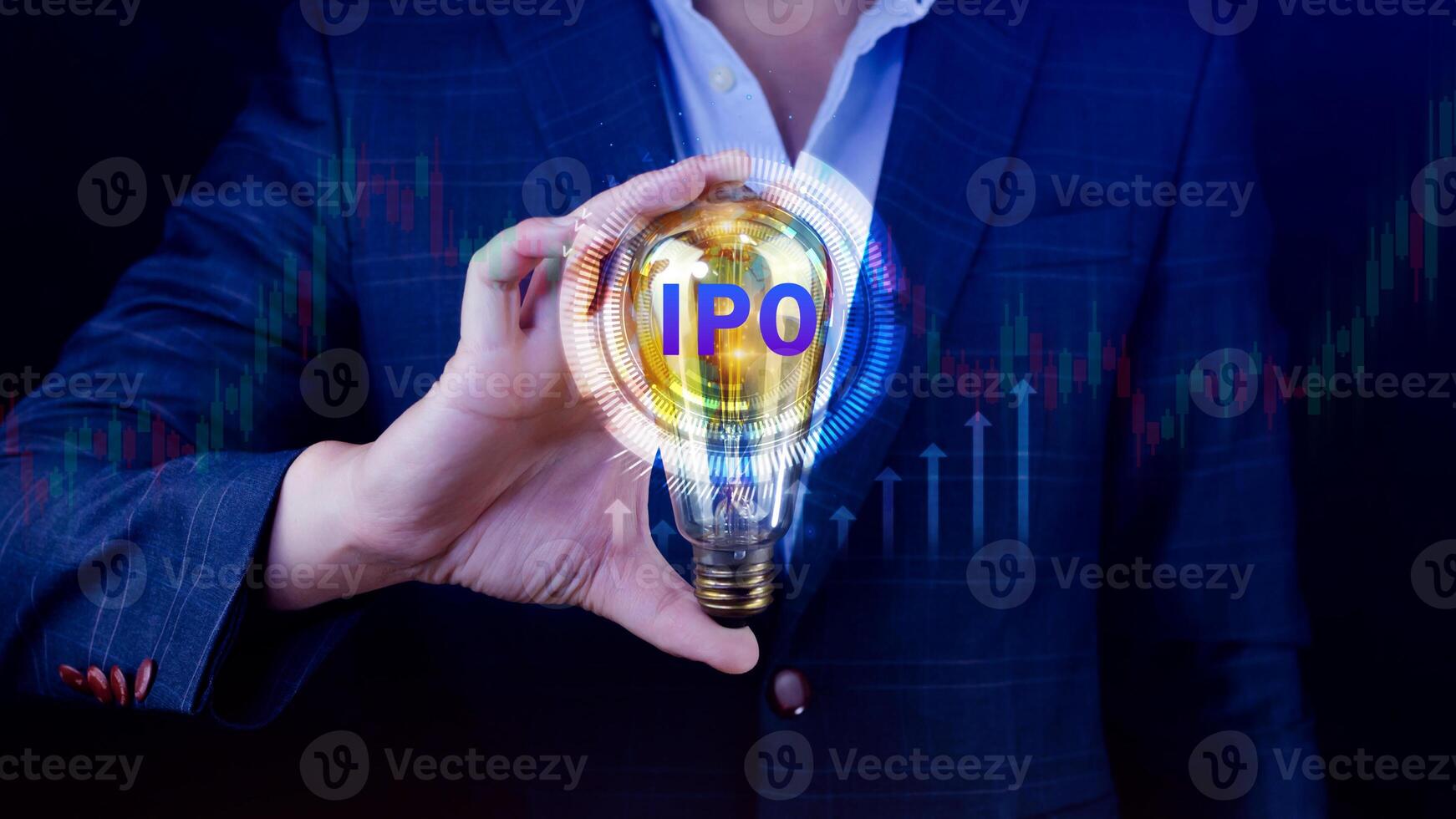 IPO, Initial public offering concept, Businessman with virtual IPO word with stock graph for boosting the growth by IPO process. photo