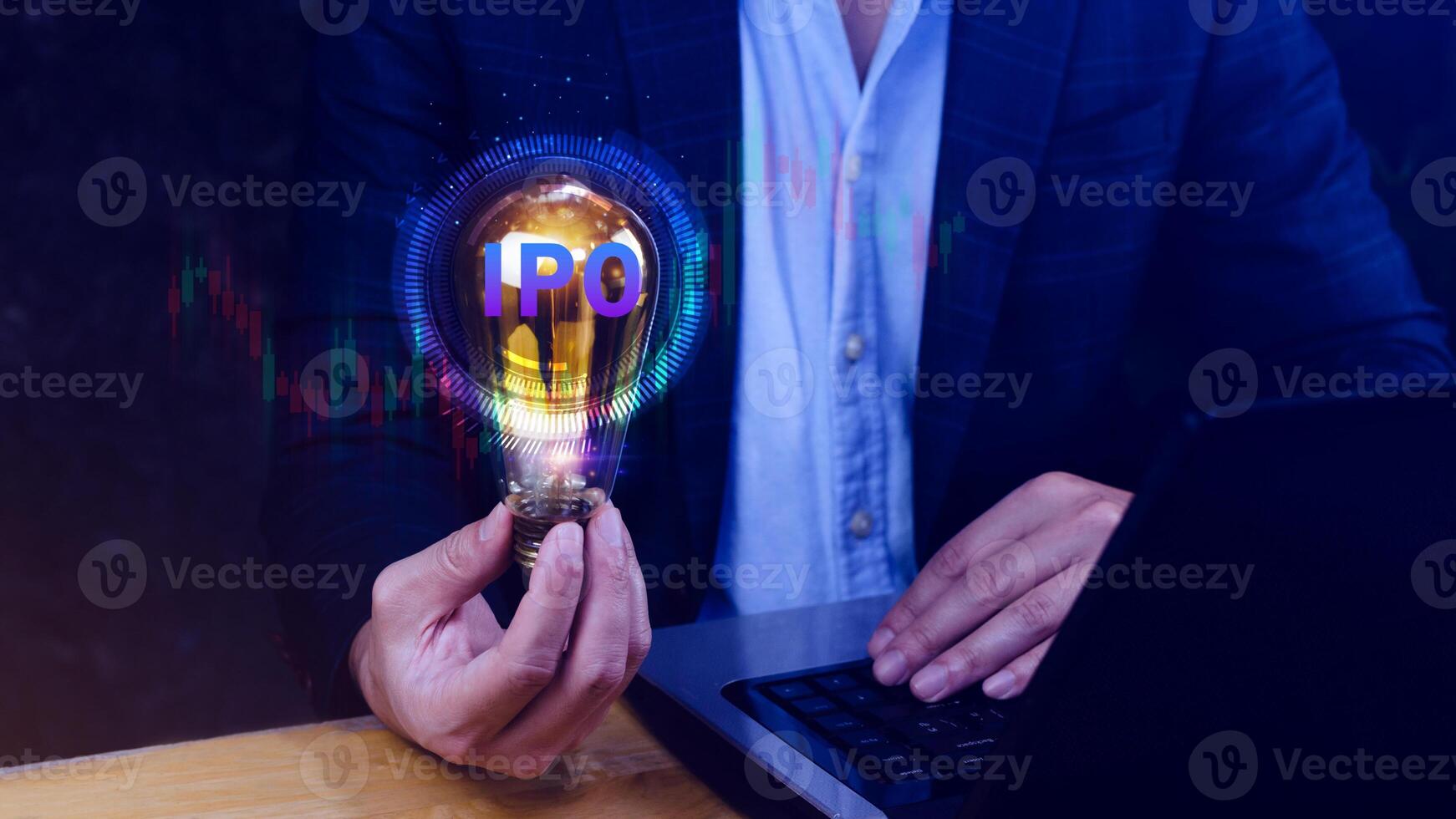IPO, Initial public offering concept, Businessman with virtual IPO word with stock graph for boosting the growth by IPO process. photo