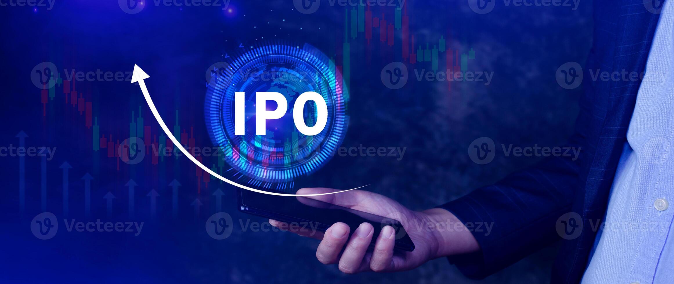 IPO, Initial public offering concept, Businessman with virtual IPO word with stock graph for boosting the growth by IPO process. photo
