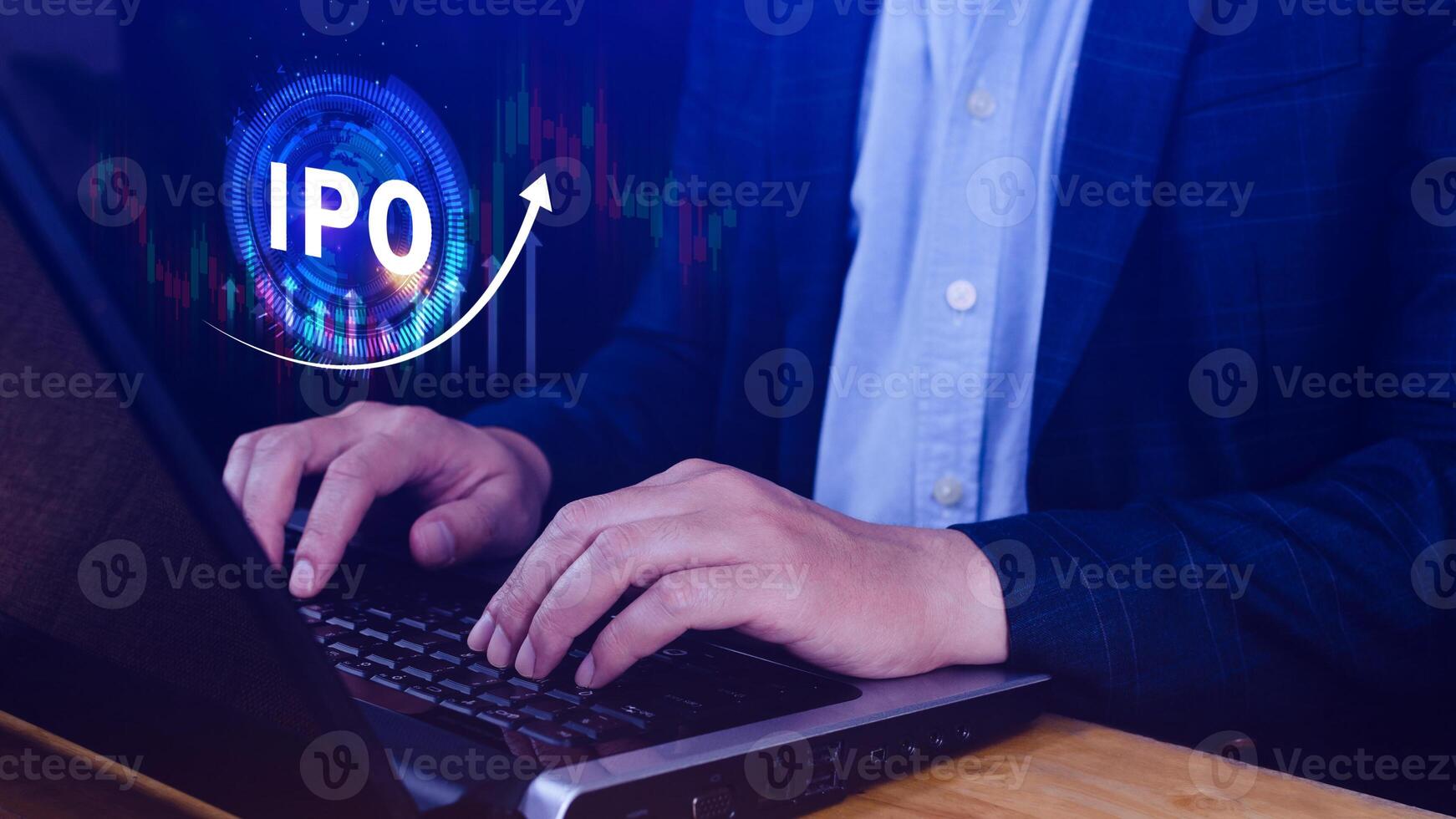 IPO, Initial public offering concept, Businessman with virtual IPO word with stock graph for boosting the growth by IPO process. photo
