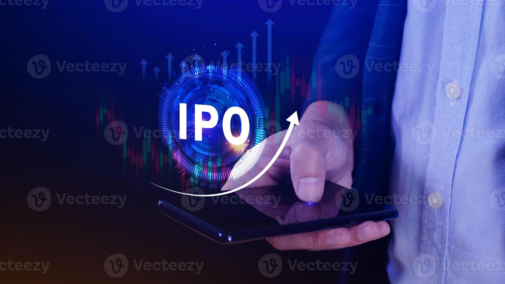 IPO, Initial public offering concept, Businessman with virtual IPO word with stock graph for boosting the growth by IPO process. photo