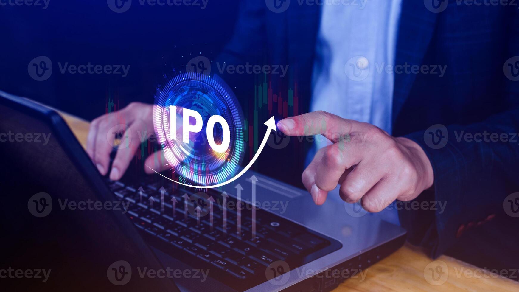 IPO, Initial public offering concept, Businessman with virtual IPO word with stock graph for boosting the growth by IPO process. photo