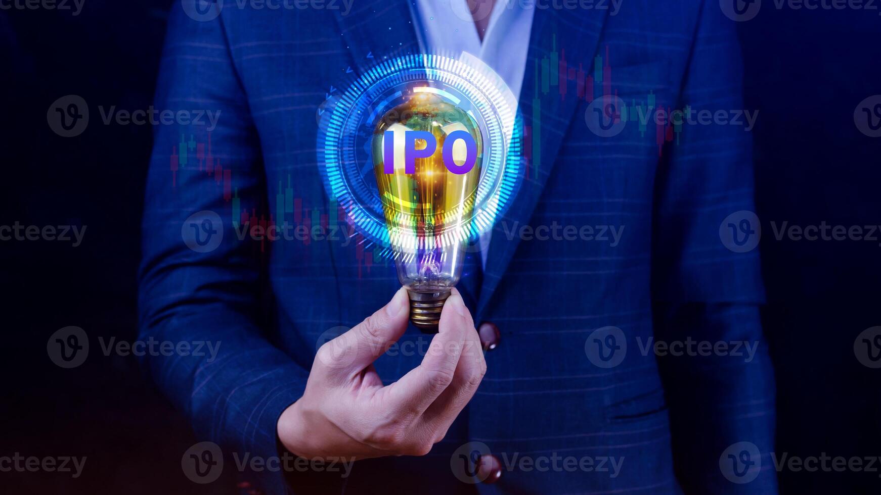 IPO, Initial public offering concept, Businessman with virtual IPO word with stock graph for boosting the growth by IPO process. photo