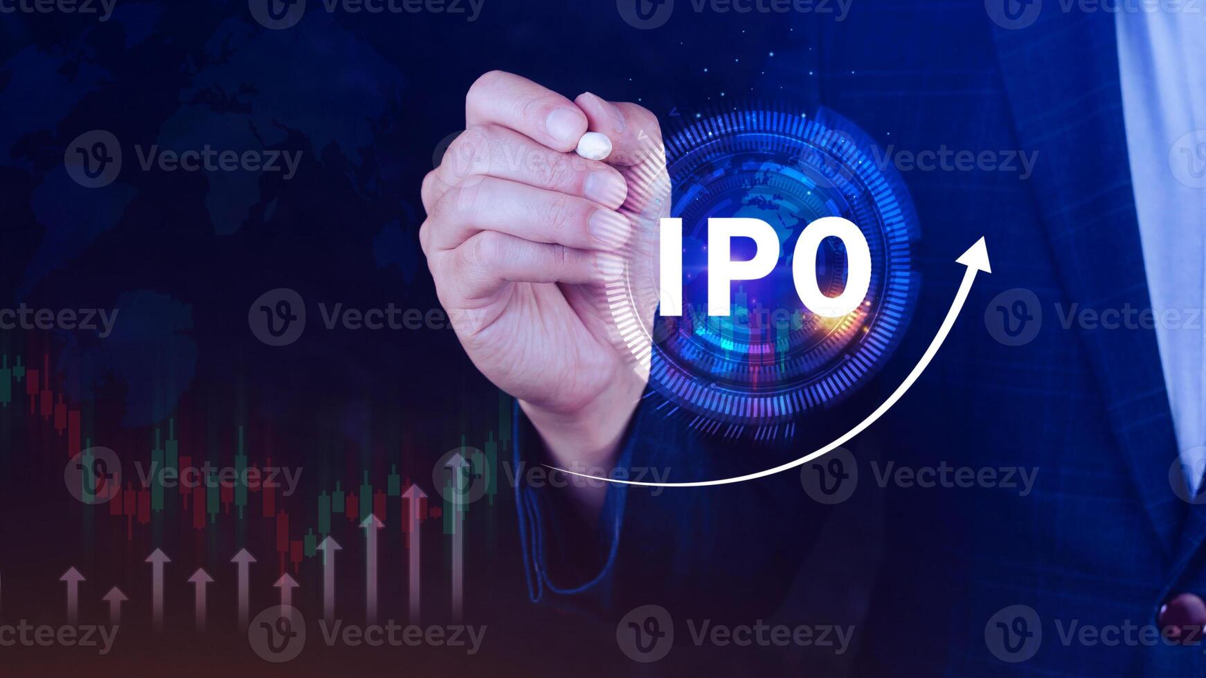 IPO, Initial public offering concept, Businessman with virtual IPO word with stock graph for boosting the growth by IPO process. photo
