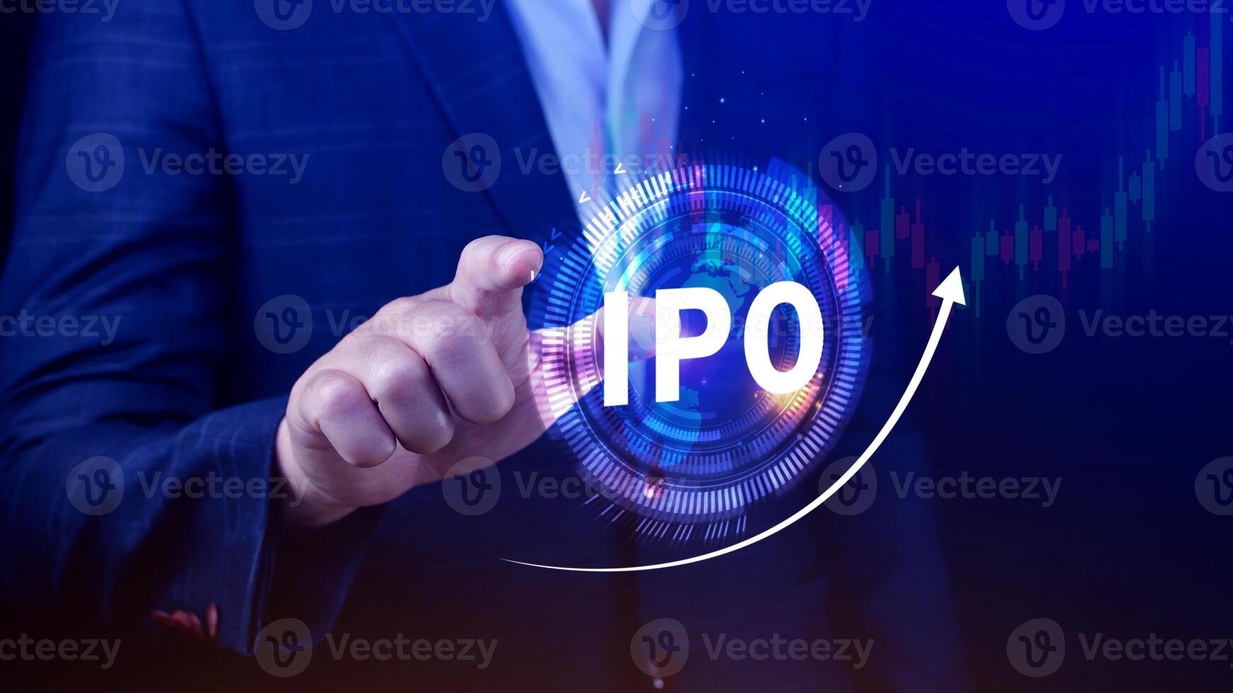 IPO, Initial public offering concept, Businessman with virtual IPO word with stock graph for boosting the growth by IPO process. photo