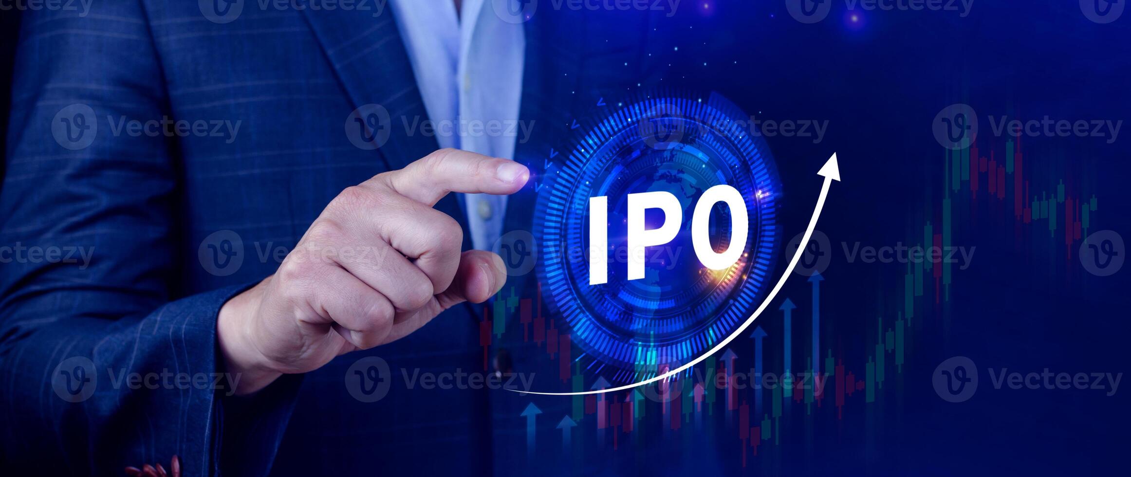 IPO, Initial public offering concept, Businessman with virtual IPO word with stock graph for boosting the growth by IPO process. photo