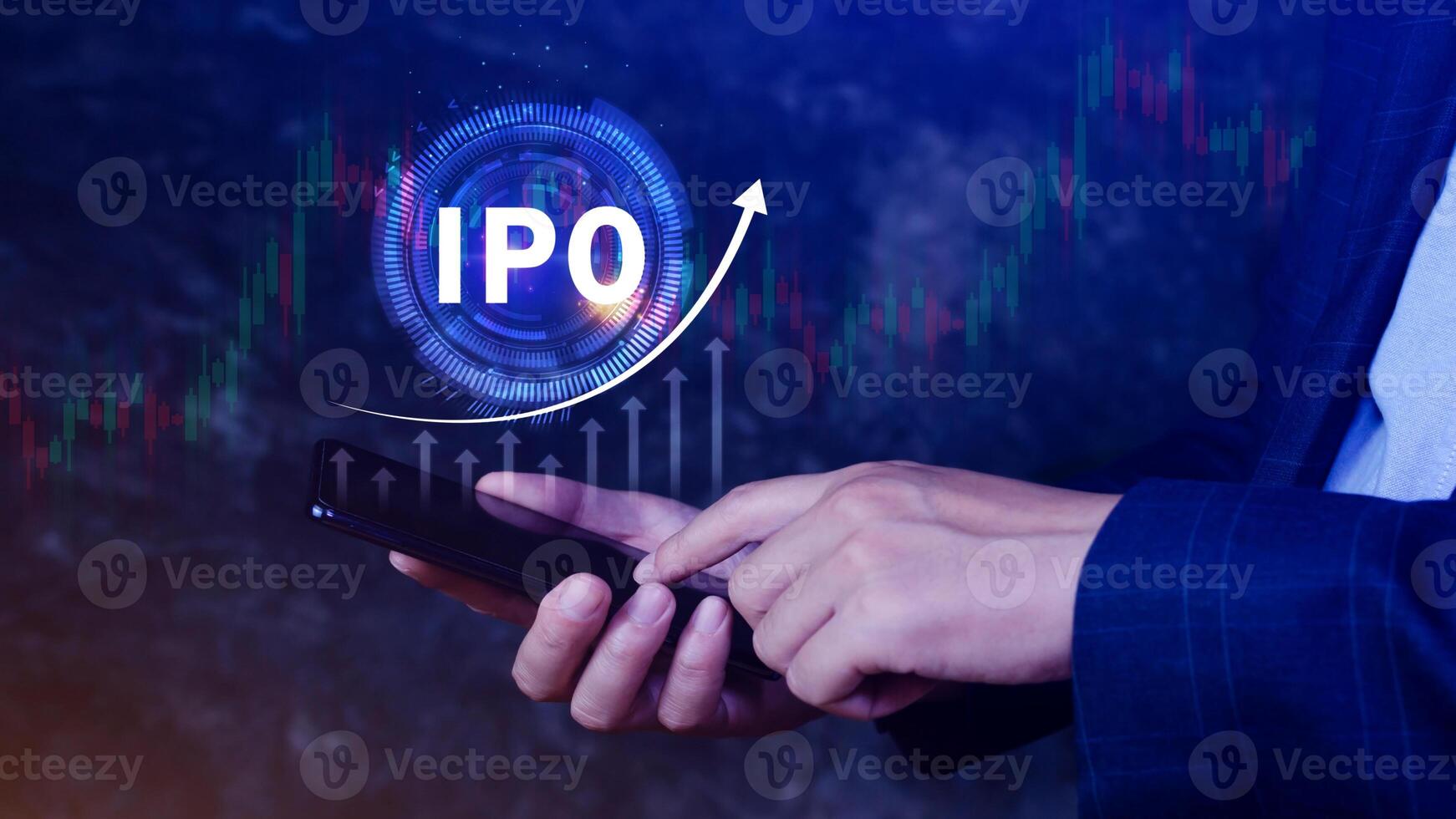 IPO, Initial public offering concept, Businessman with virtual IPO word with stock graph for boosting the growth by IPO process. photo