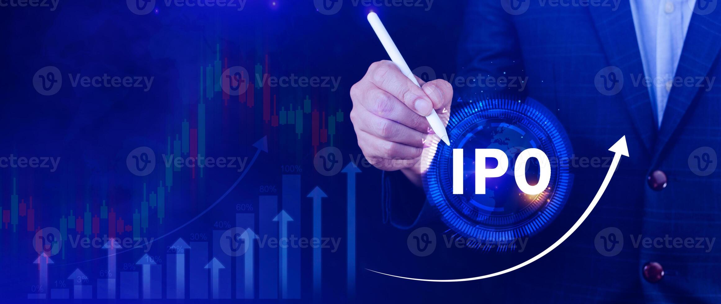 IPO, Initial public offering concept, Businessman with virtual IPO word with stock graph for boosting the growth by IPO process. photo