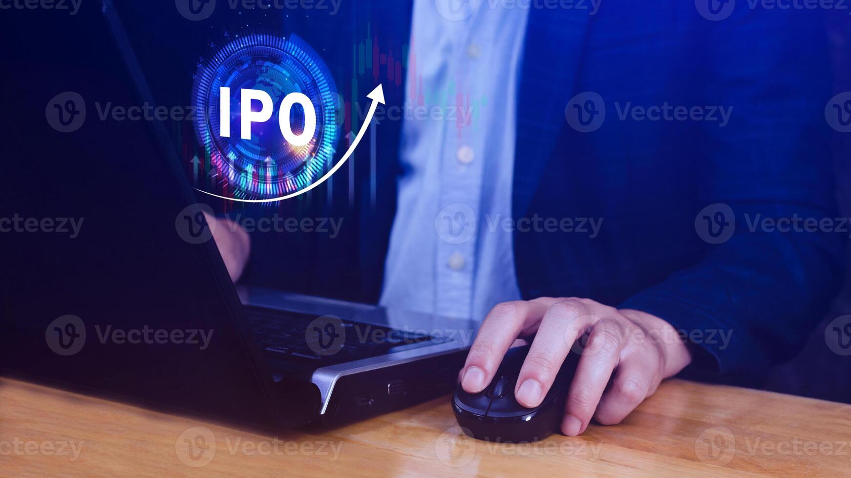 IPO, Initial public offering concept, Businessman with virtual IPO word with stock graph for boosting the growth by IPO process. photo