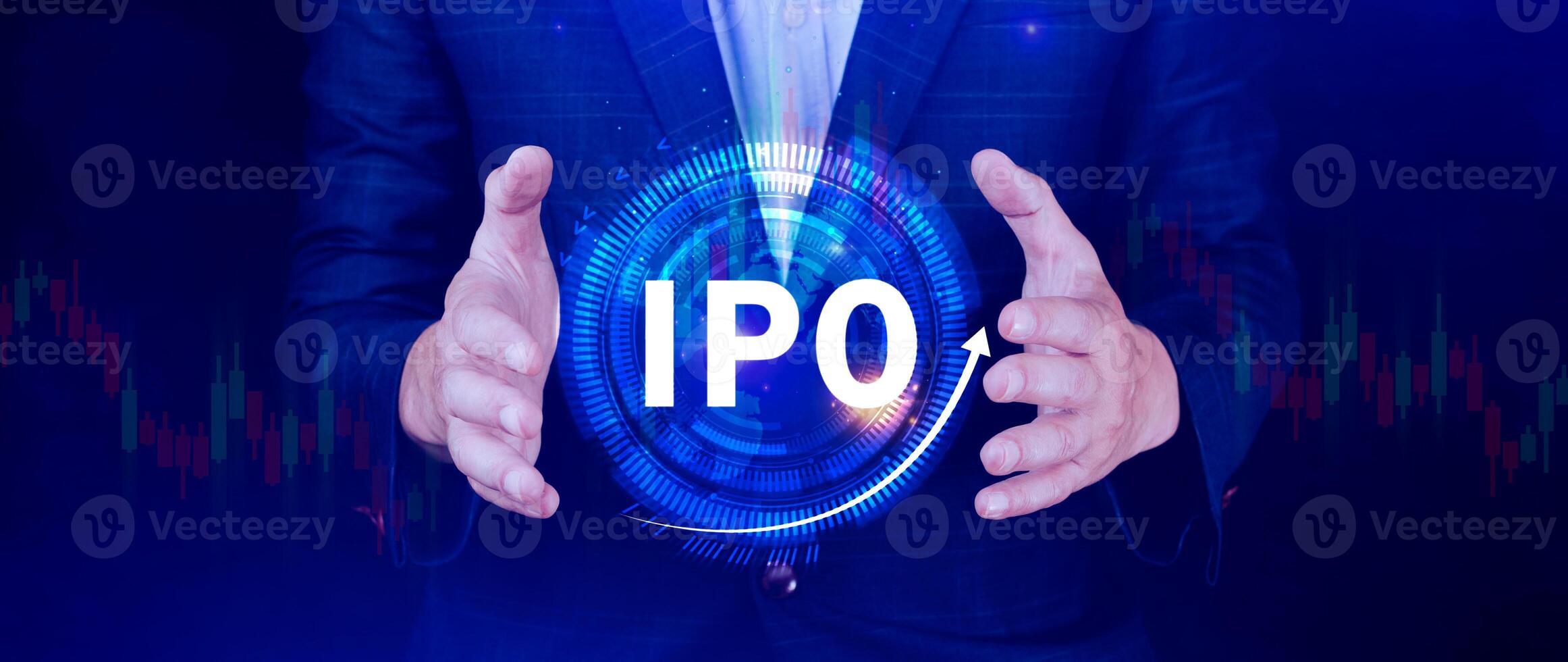 IPO, Initial public offering concept, Businessman with virtual IPO word with stock graph for boosting the growth by IPO process. photo