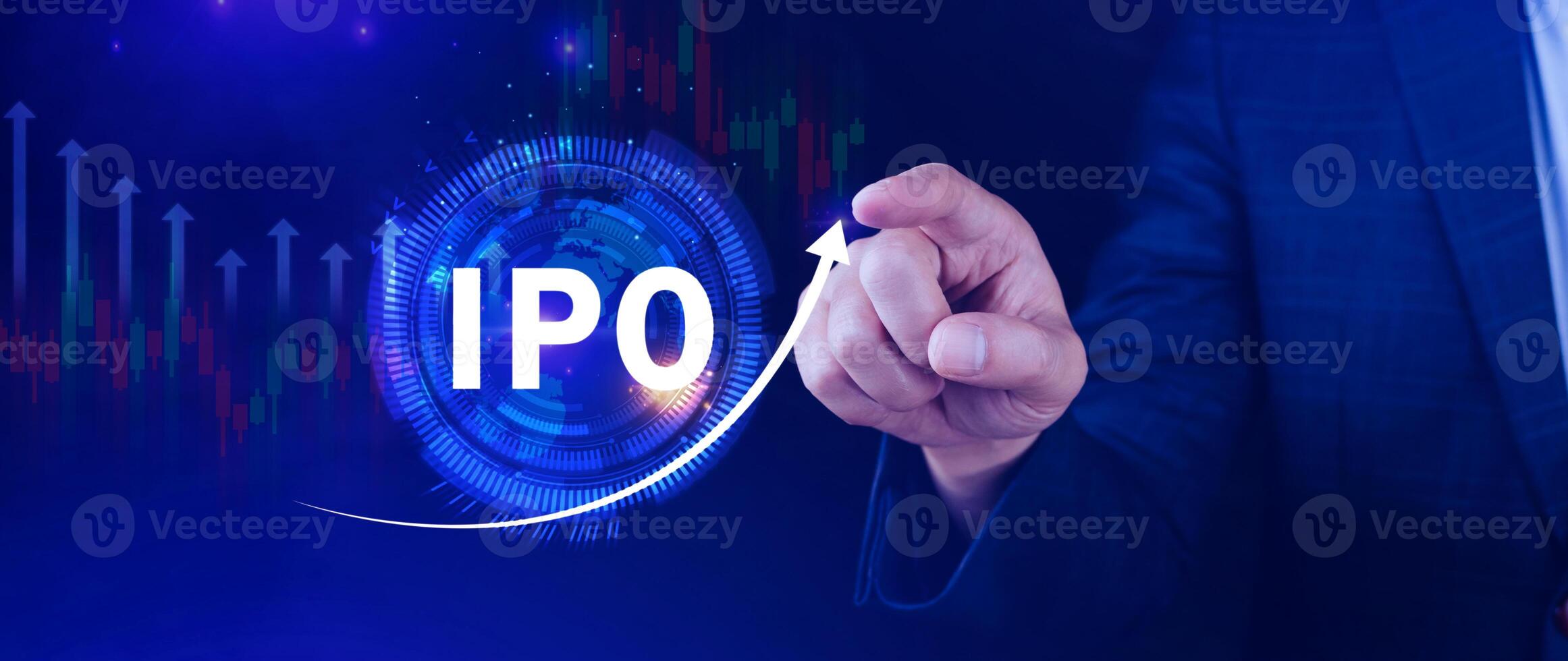 IPO, Initial public offering concept, Businessman with virtual IPO word with stock graph for boosting the growth by IPO process. photo