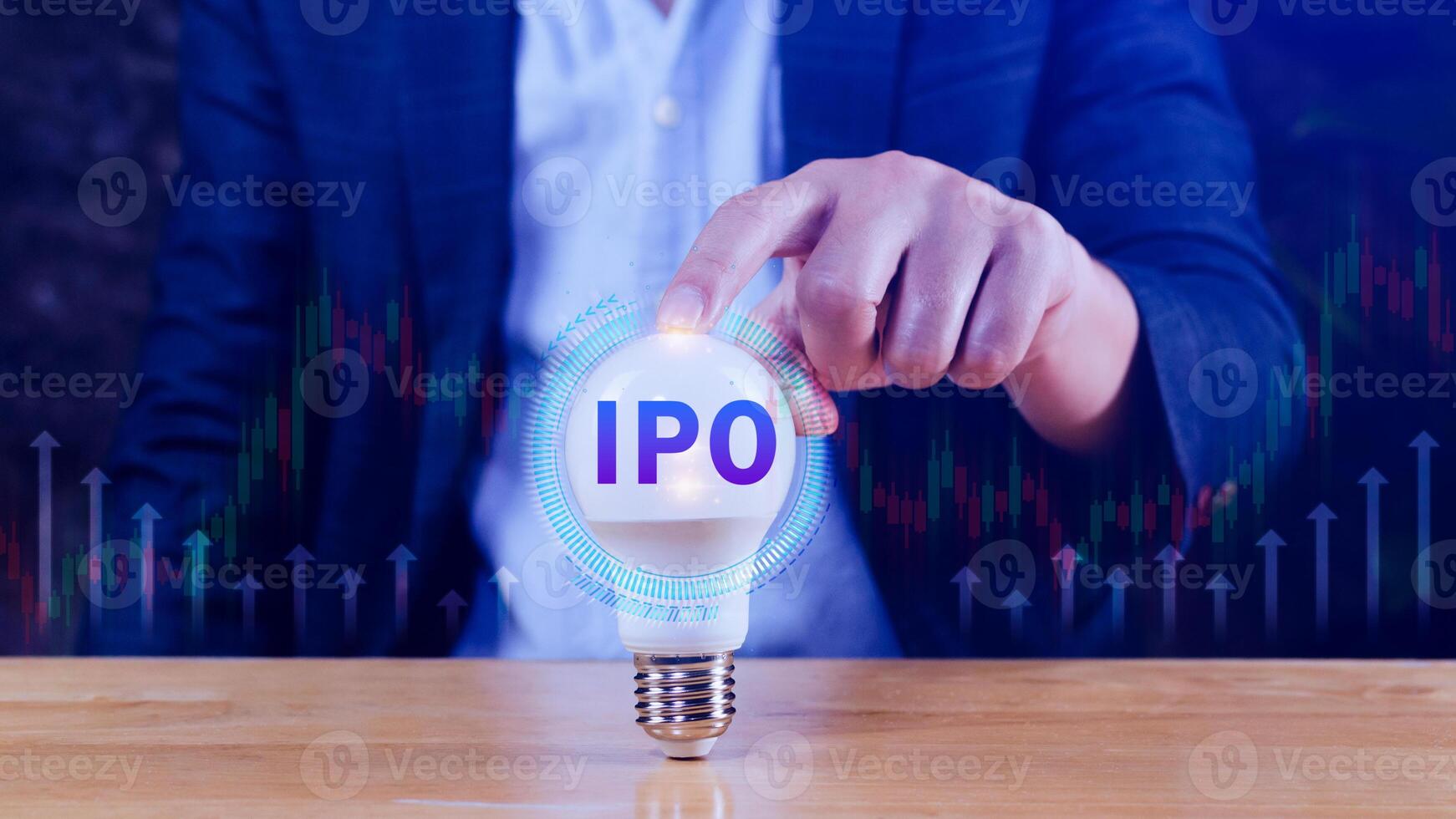 IPO, Initial public offering concept, Businessman with virtual IPO word with stock graph for boosting the growth by IPO process. photo