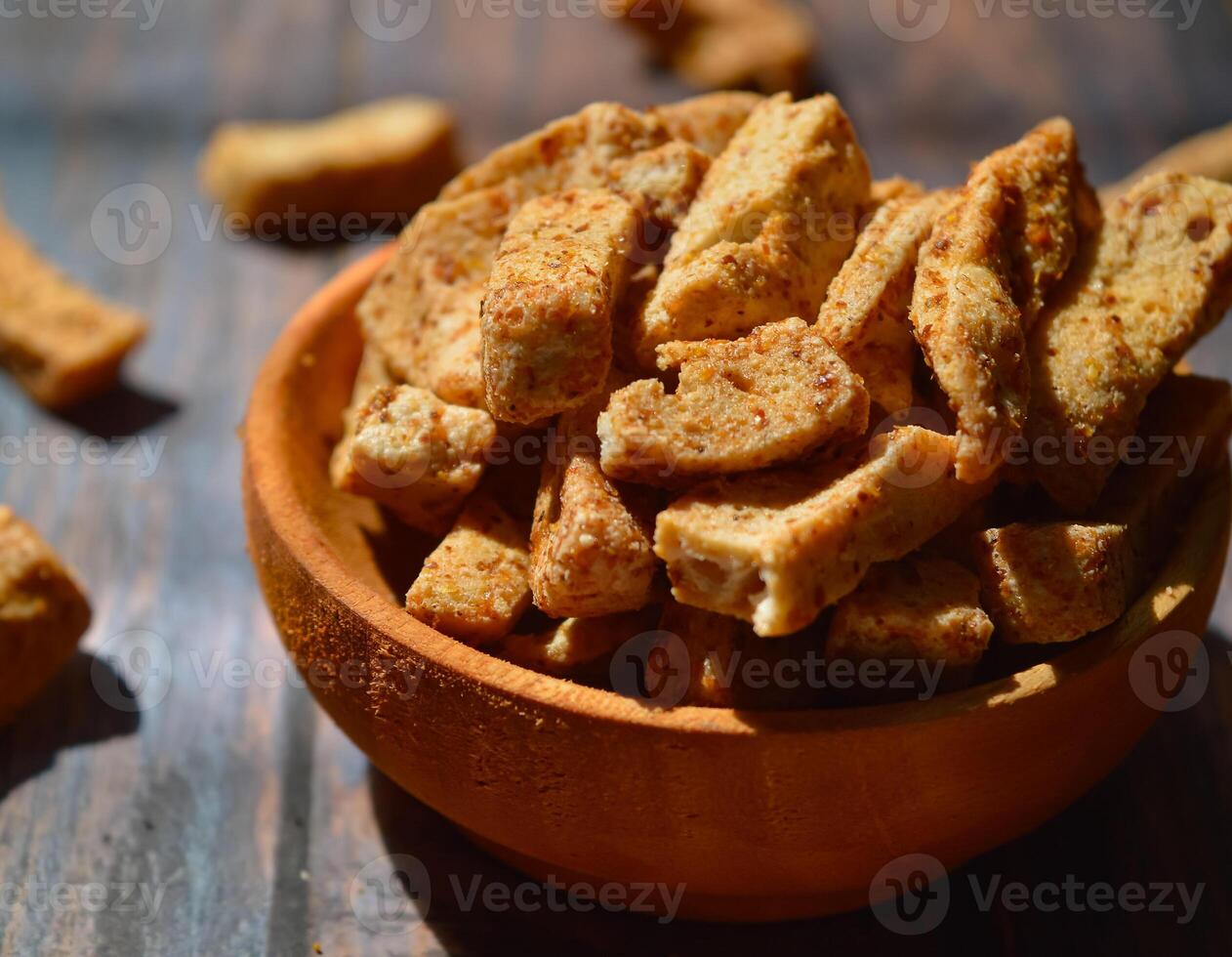Basreng Bakso Goreng or Fried Meatballs is a snack usually made from fish balls which are sliced and then fried. Basreng is made in various flavors original, spicy and other flavors. photo