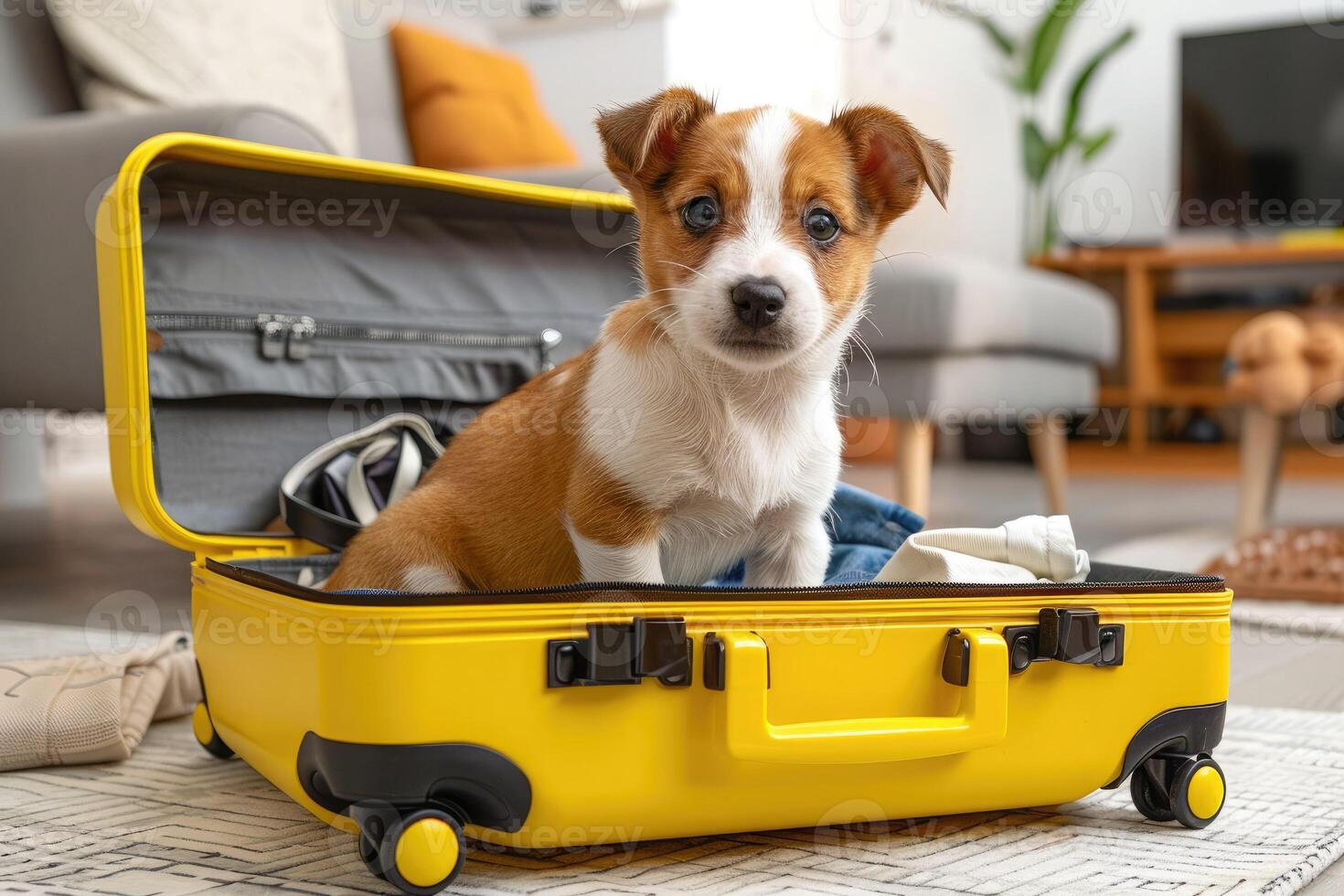 A cute Jack Russell puppy sits in an open yellow suitcase against the backdrop of the living room. The pet is ready to travel. Vacation, rest, traveler concept. Animal travelers, Summer holiday photo