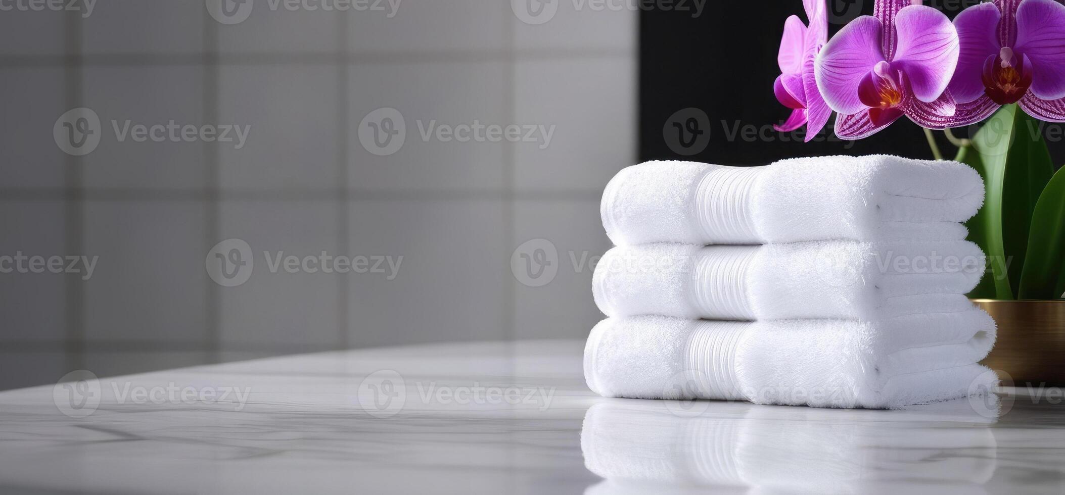 spa with neatly folded white towels and orchid flowers on marble surface, calming and serene atmosphere. Promoting recreation, wellness, spa resorts, beauty salons and health centers photo