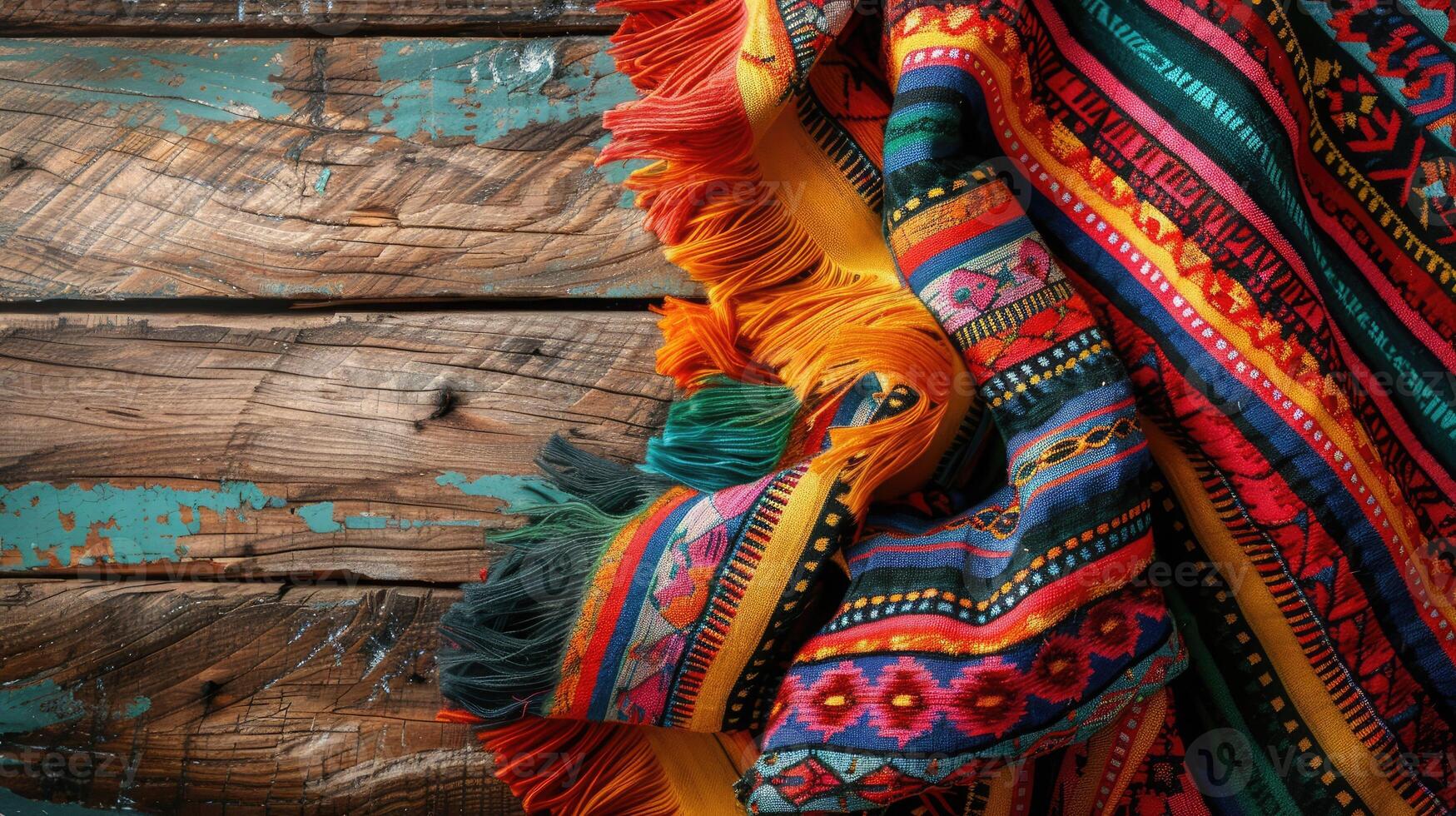 Hispanic heritage, background with Mexican scarf, cape or poncho with traditional Mexican pattern on wooden background. Banner with copy space. National Mexican clothing photo